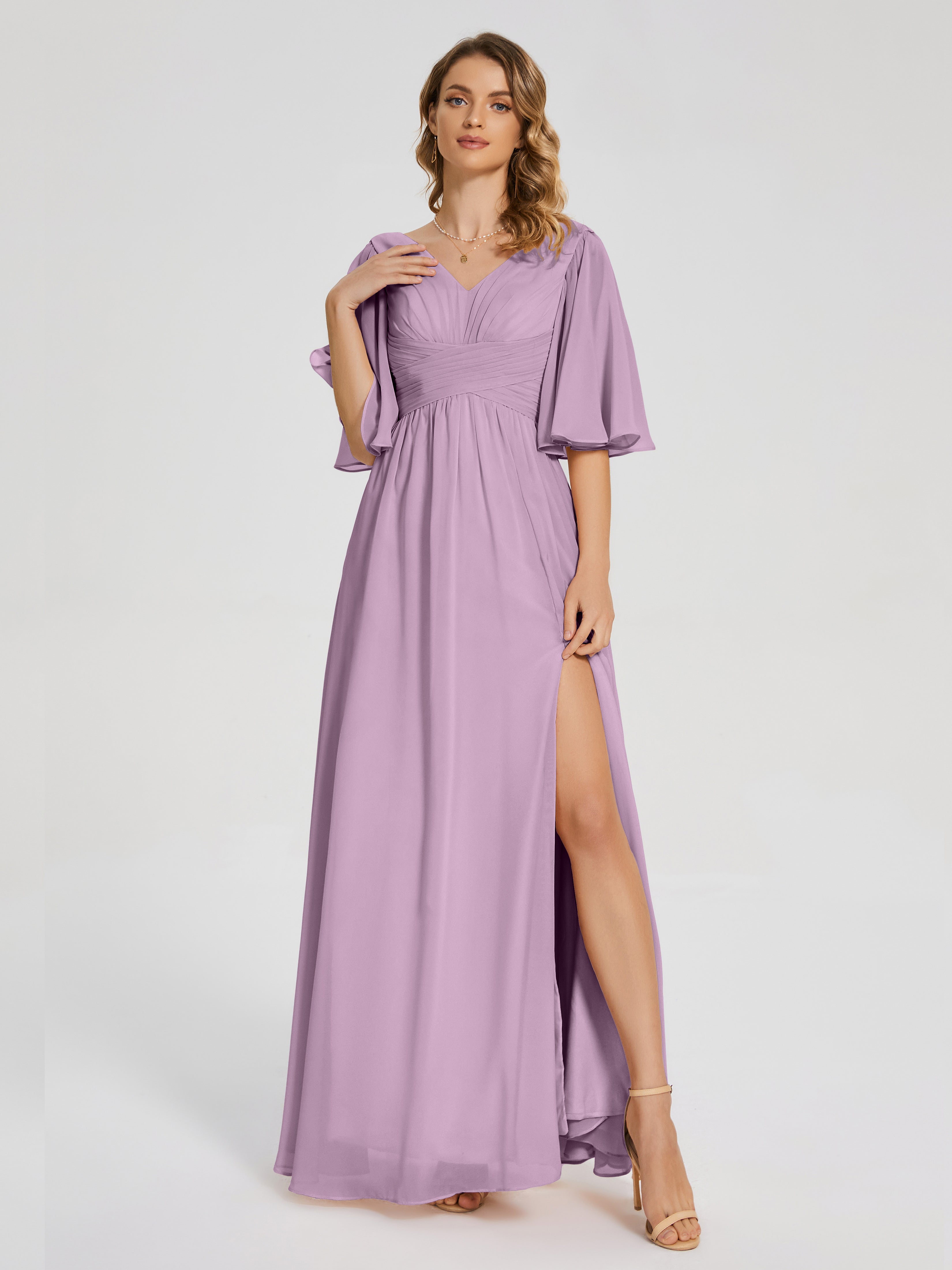 Robes De Demoiselle D'Honneur Glycine Demi Manches Fendue Mousseline Robes Demoiselle D'Honneur