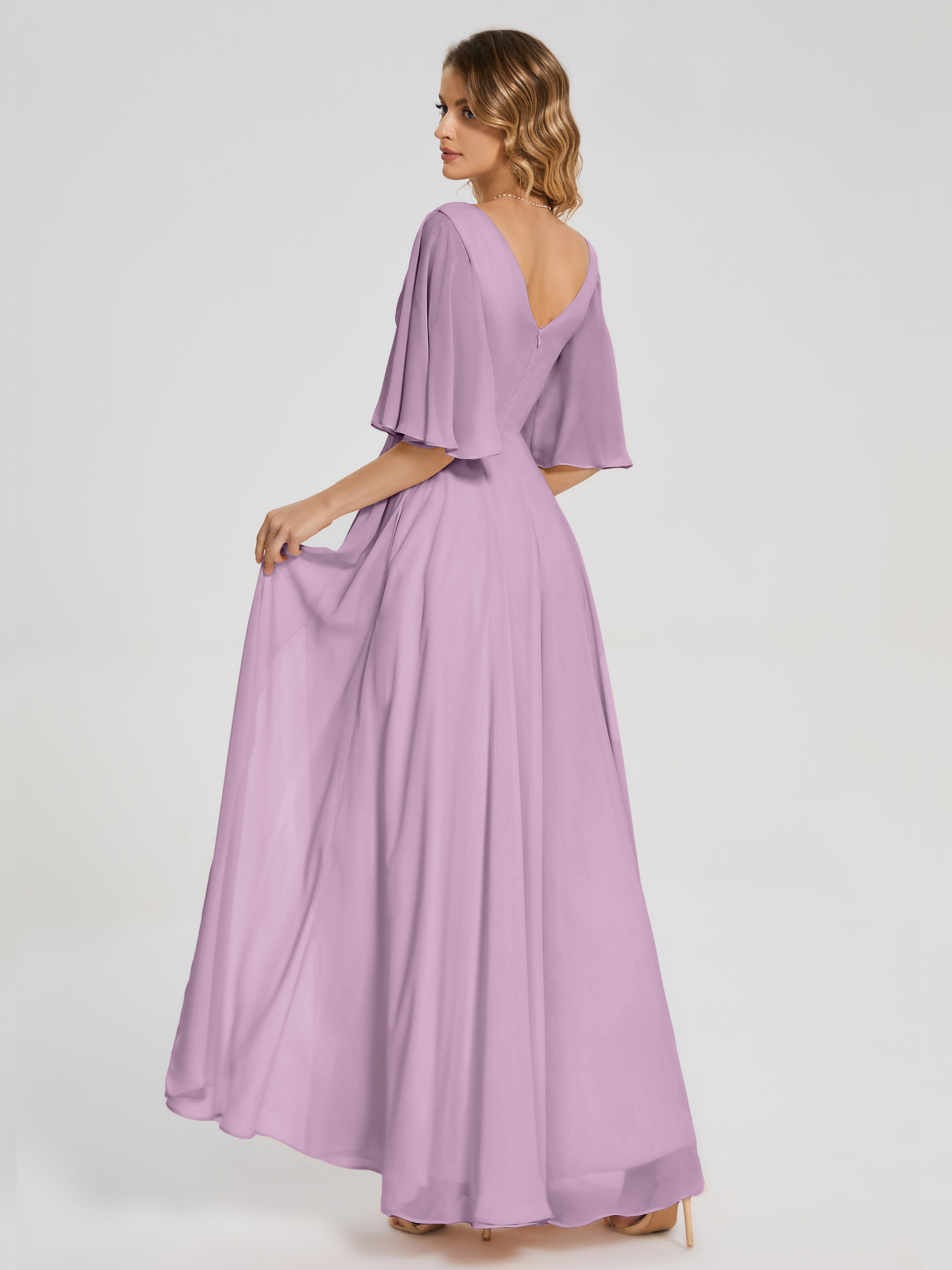 Robes De Demoiselle D'Honneur Glycine Demi Manches Fendue Mousseline Robes Demoiselle D'Honneur