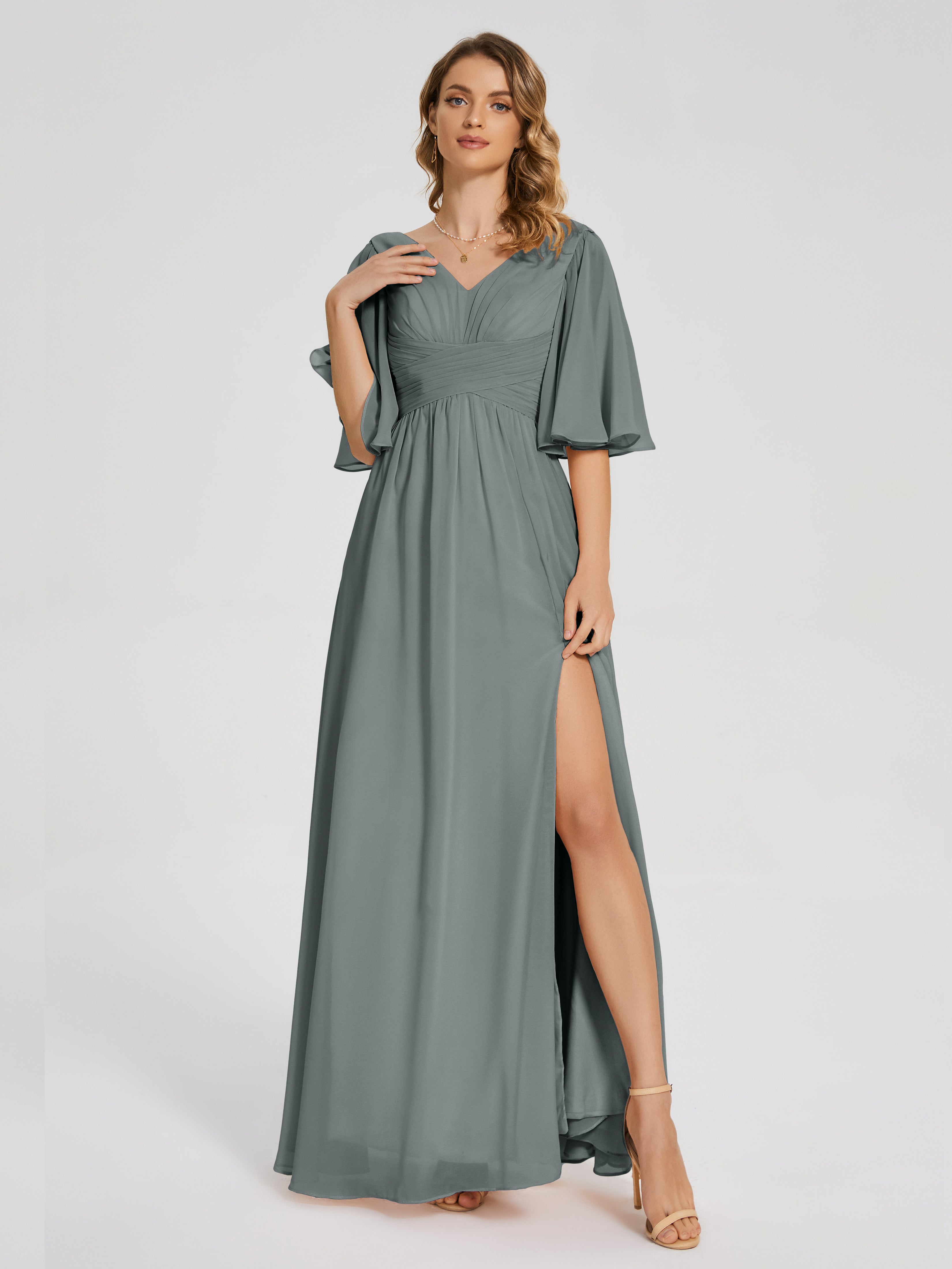Robe Demoiselle D Honneur Gris Argenté Demi Manches Fendue Mousseline Robes Demoiselle D'Honneur