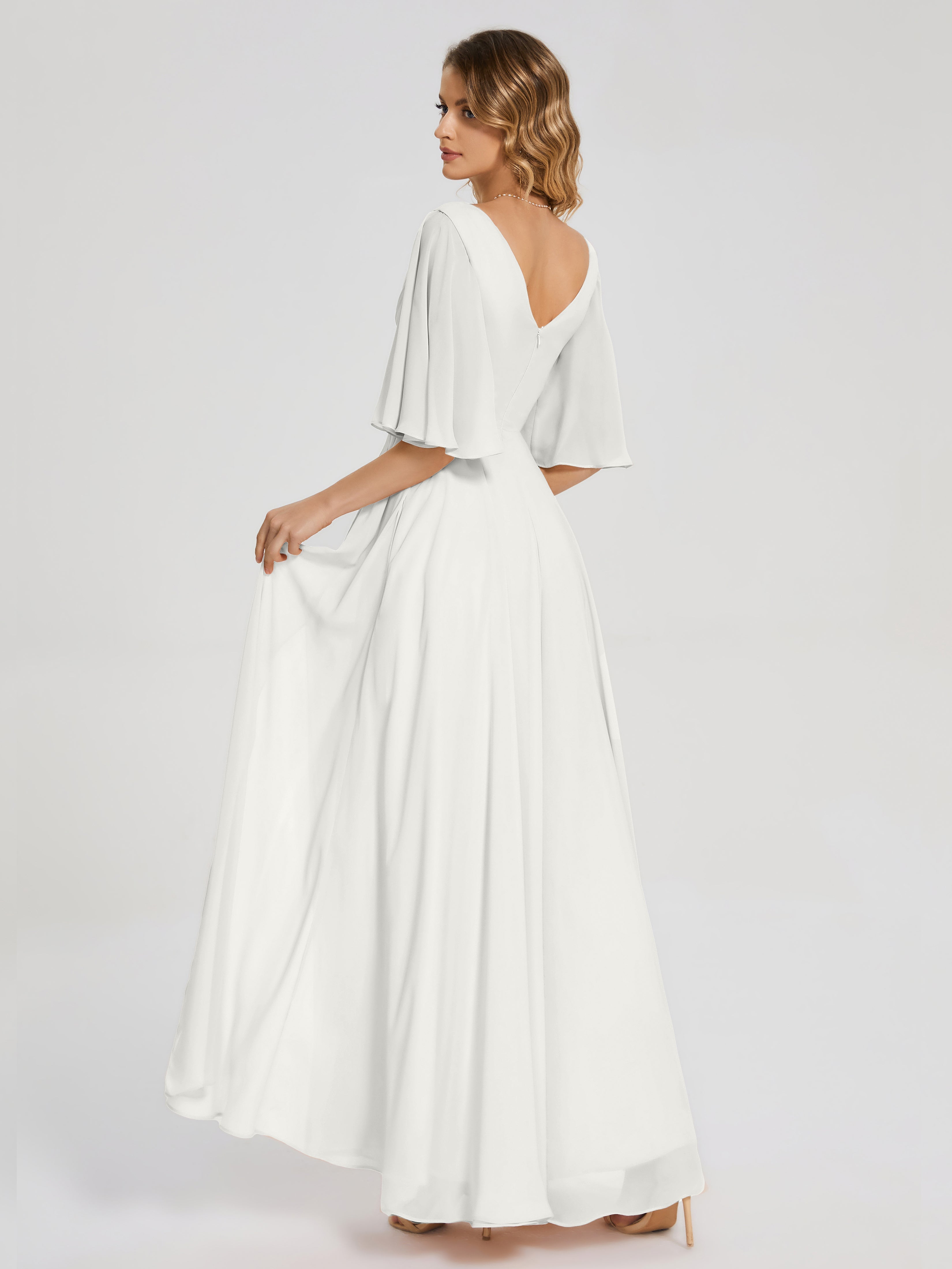 Robe De Demoiselle D Honneur Ivoire Demi Manches Fendue Mousseline Robes Demoiselle D'Honneur