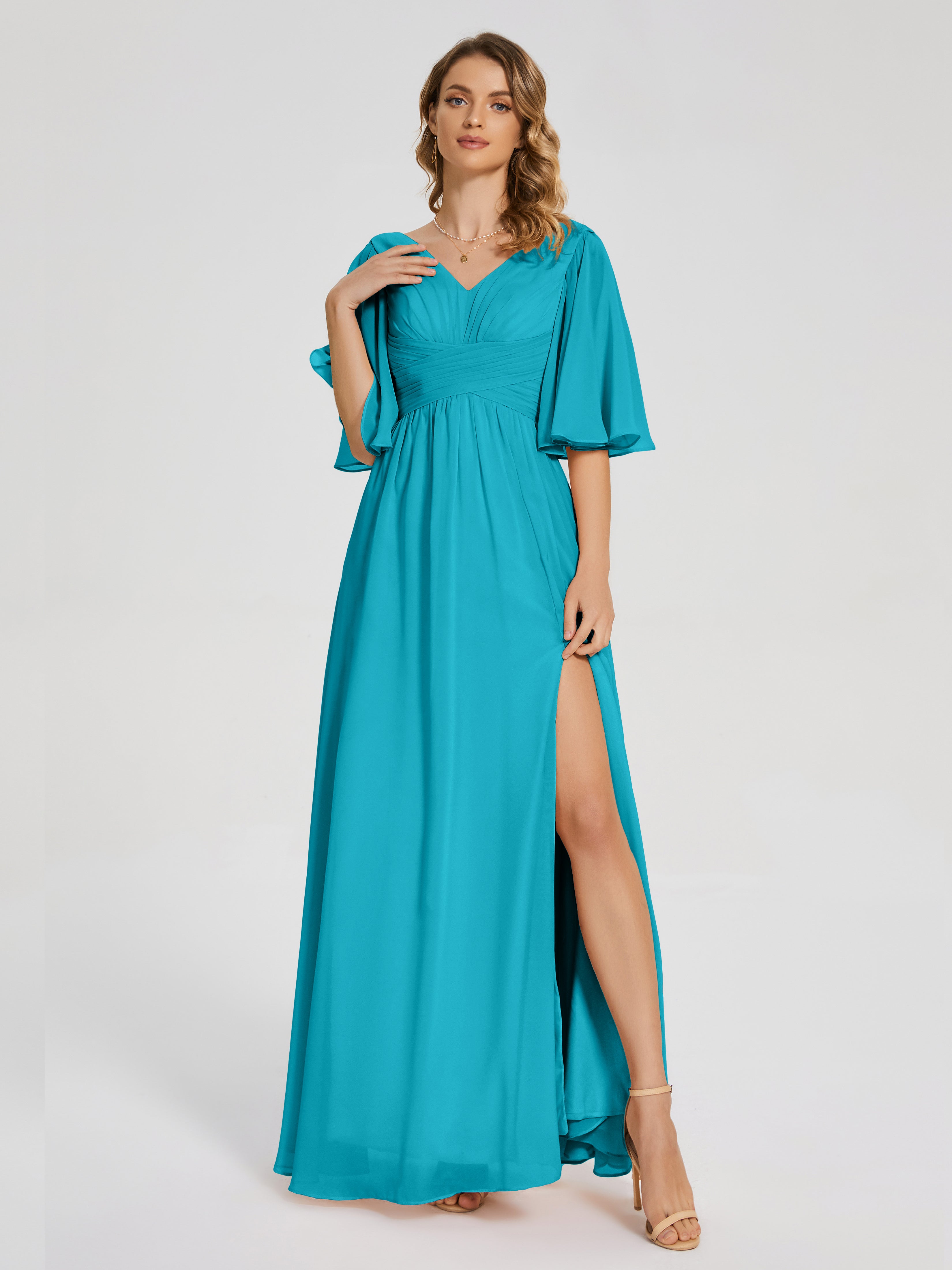 Robes De Demoiselle D'Honneur Vert Jade Demi Manches Fendue Mousseline Robes Demoiselle D'Honneur