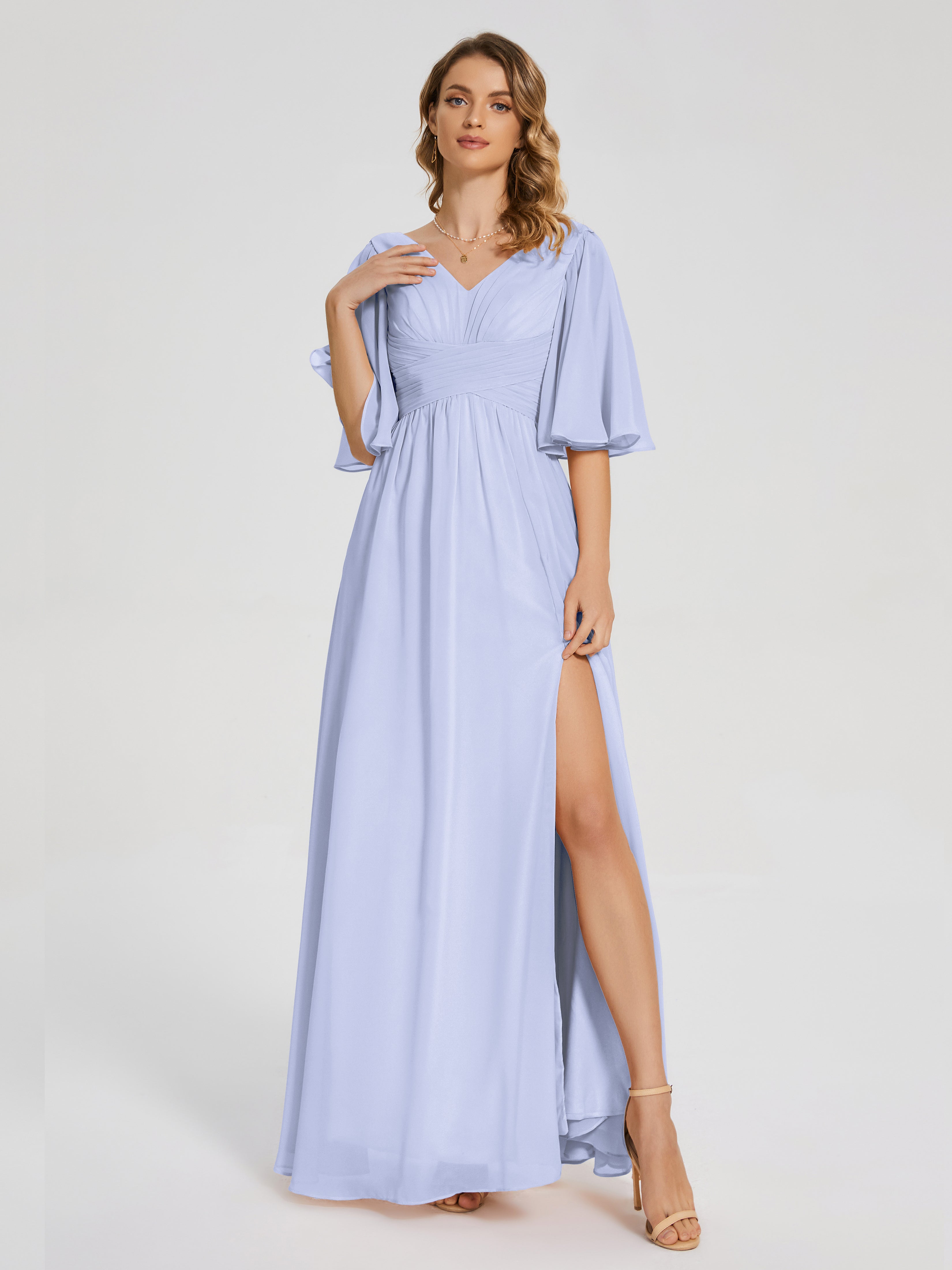 Robe Lavande Demoiselle D Honneur Demi Manches Fendue Mousseline Robes Demoiselle D'Honneur