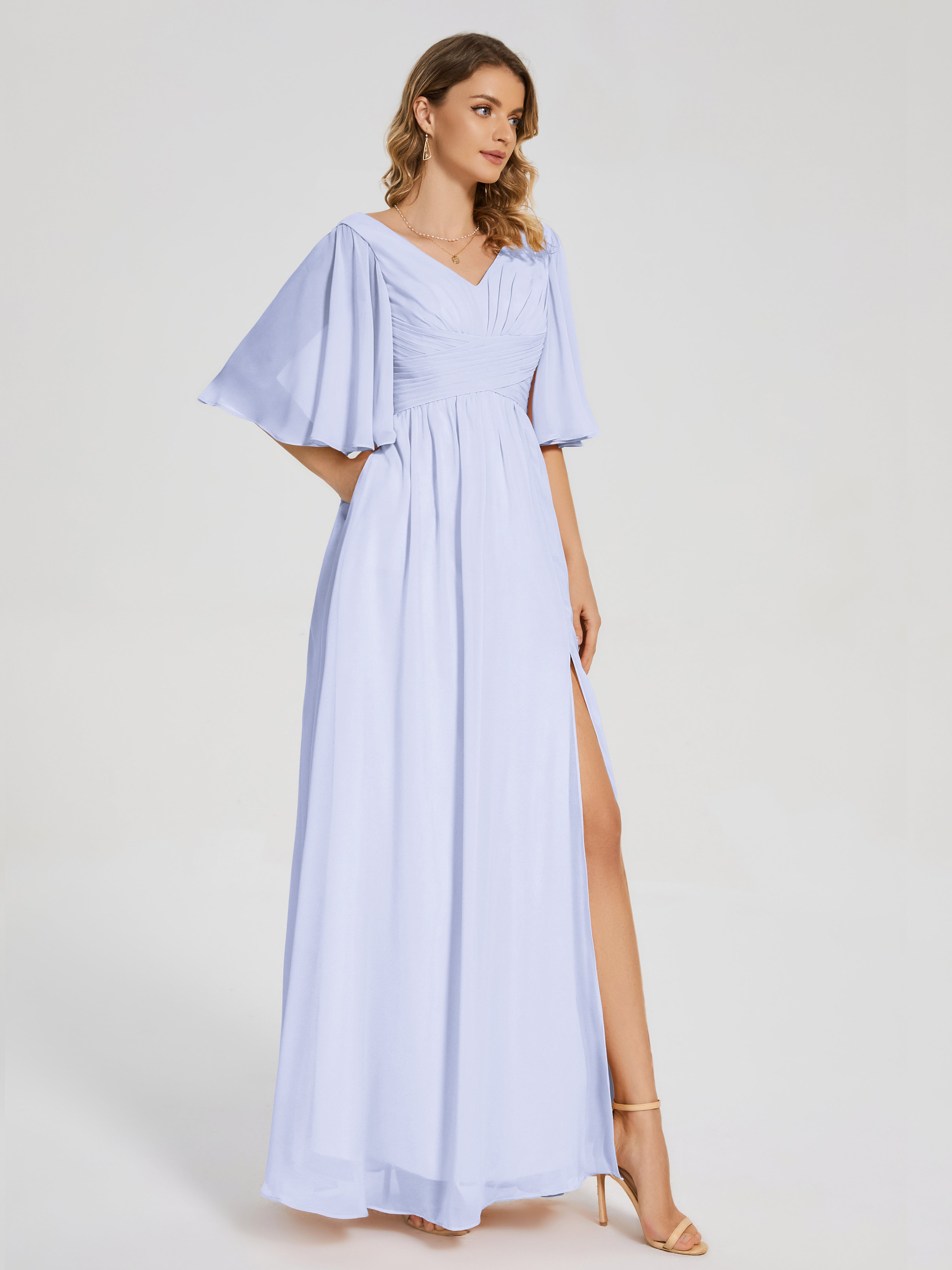 Robe Lavande Demoiselle D Honneur Demi Manches Fendue Mousseline Robes Demoiselle D'Honneur