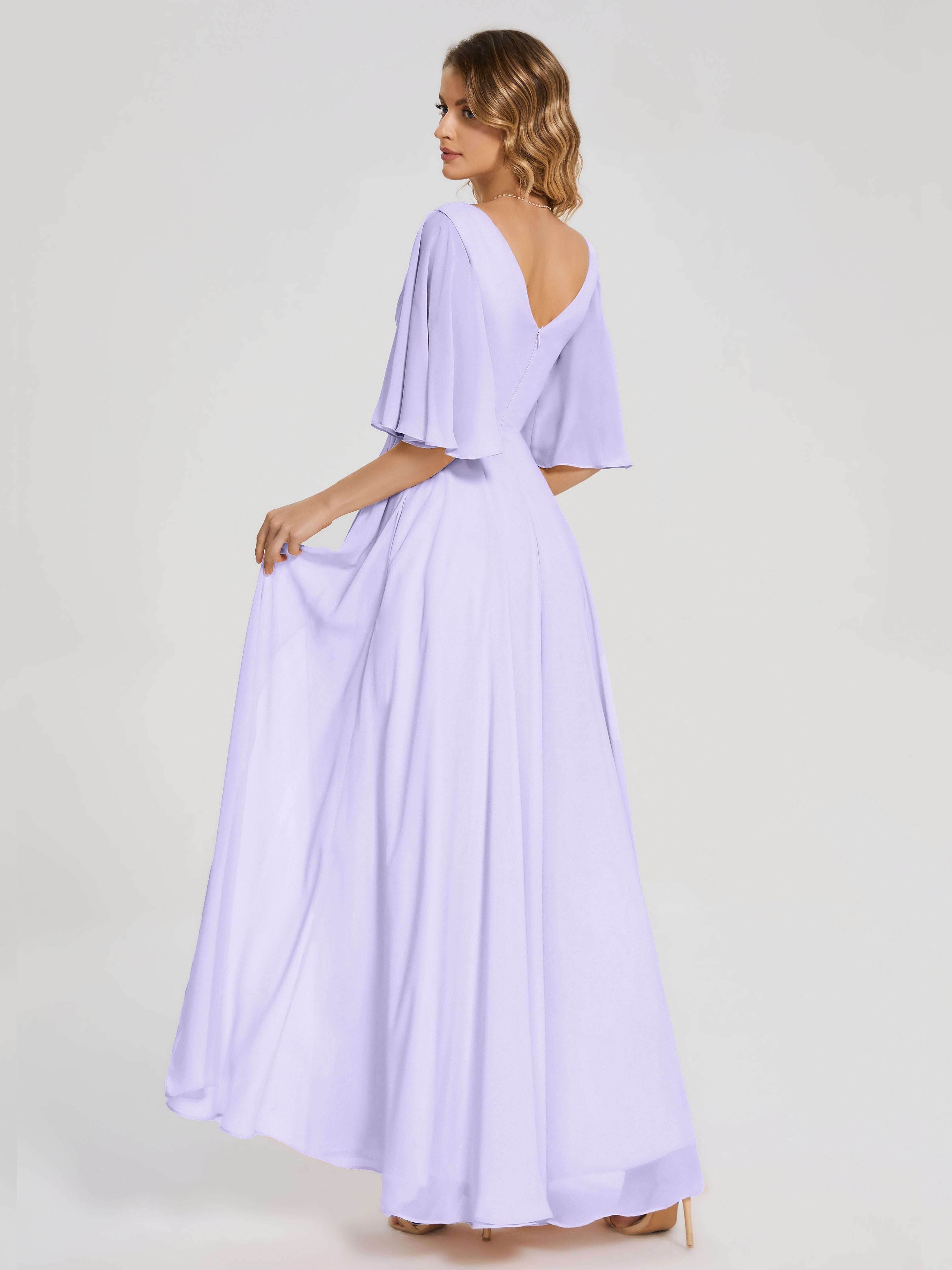 Robe Demoiselle D Honneur Couleur Lilas Demi Manches Fendue Mousseline Robes Demoiselle D'Honneur