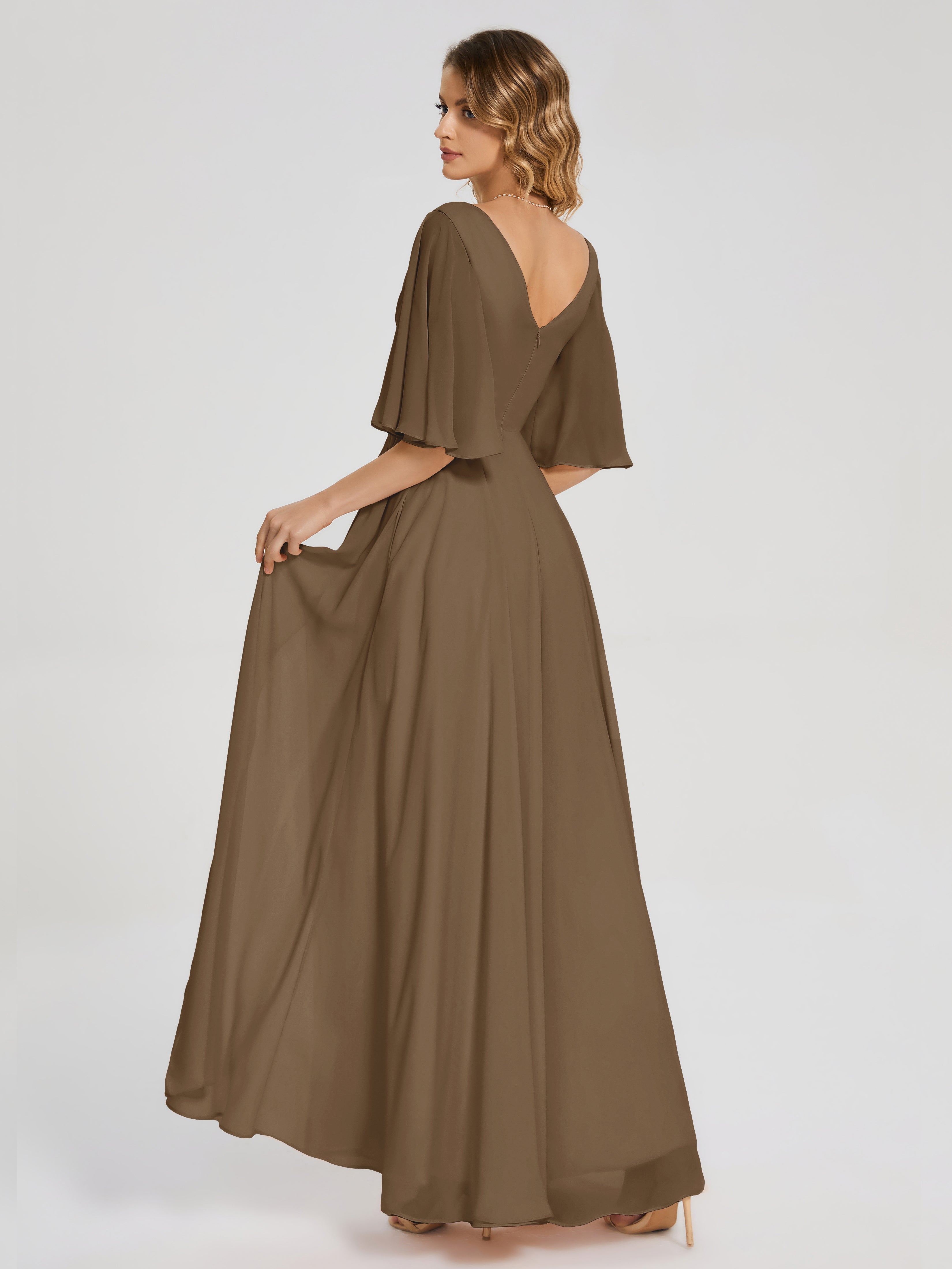 Robe Demoiselle D Honneur Moka Demi Manches Fendue Mousseline Robes Demoiselle D'Honneur