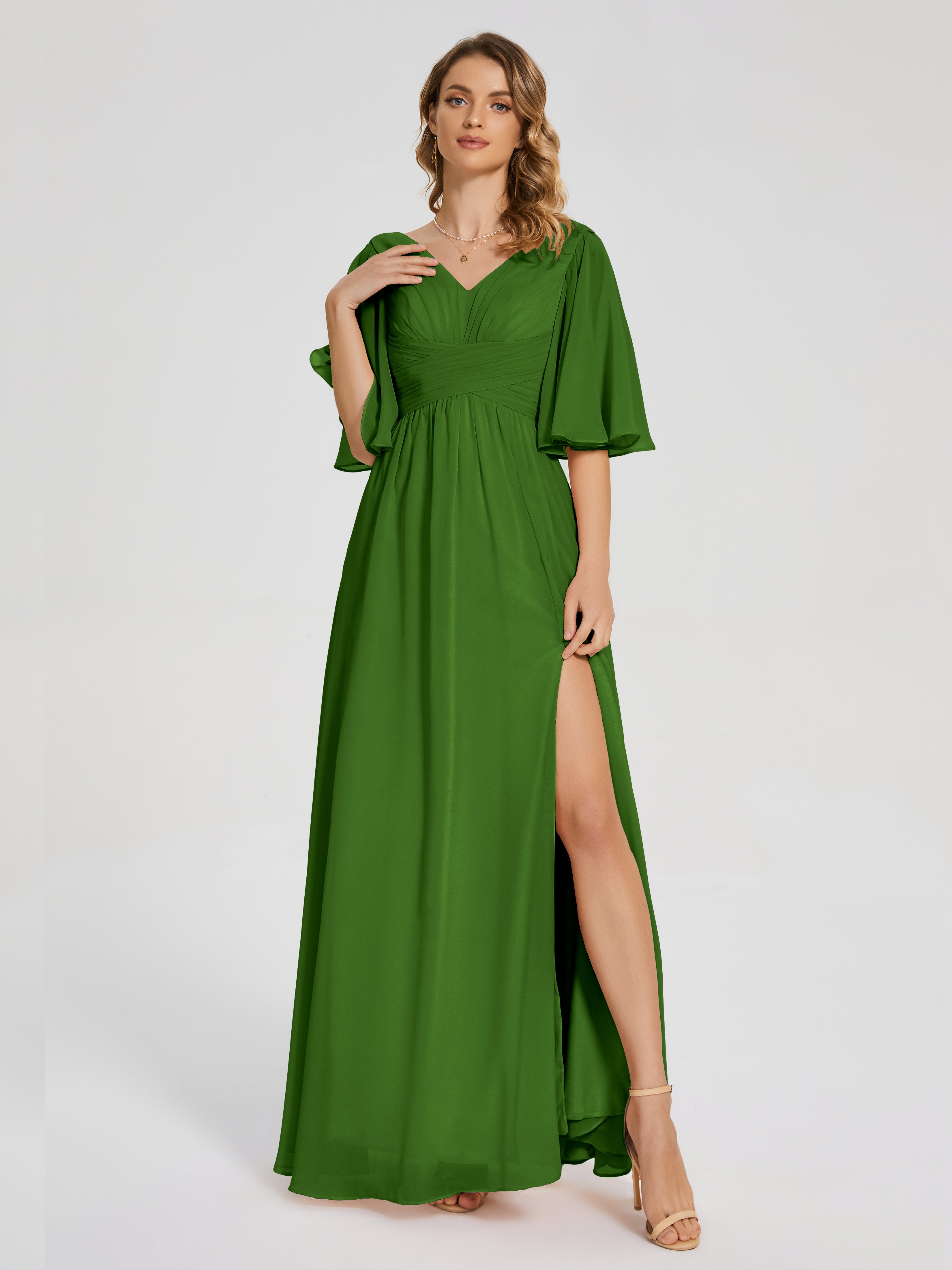 Robes De Demoiselle D'Honneur Vert Mousse Demi Manches Fendue Mousseline Robes Demoiselle D'Honneur