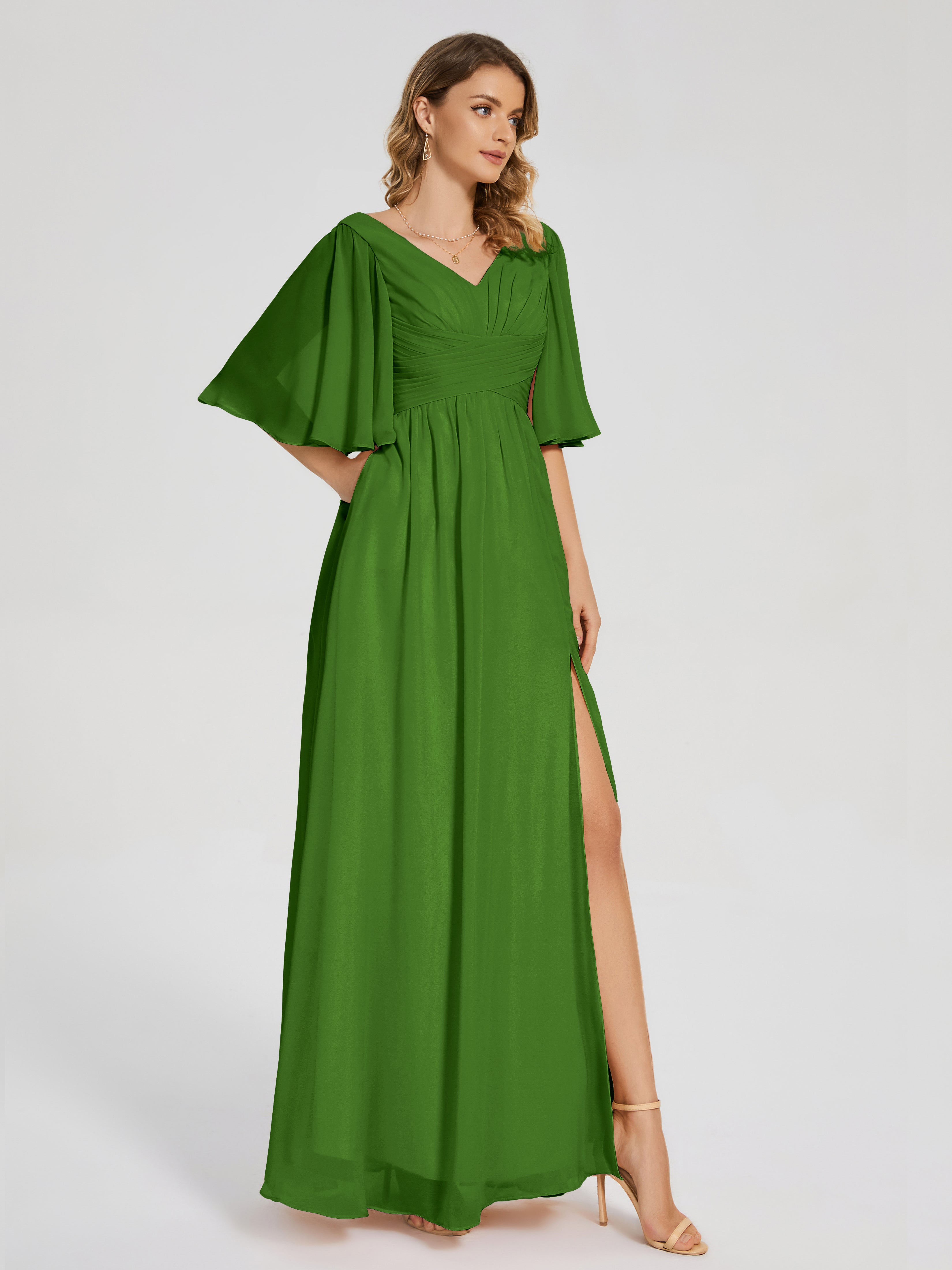 Robes De Demoiselle D'Honneur Vert Mousse Demi Manches Fendue Mousseline Robes Demoiselle D'Honneur