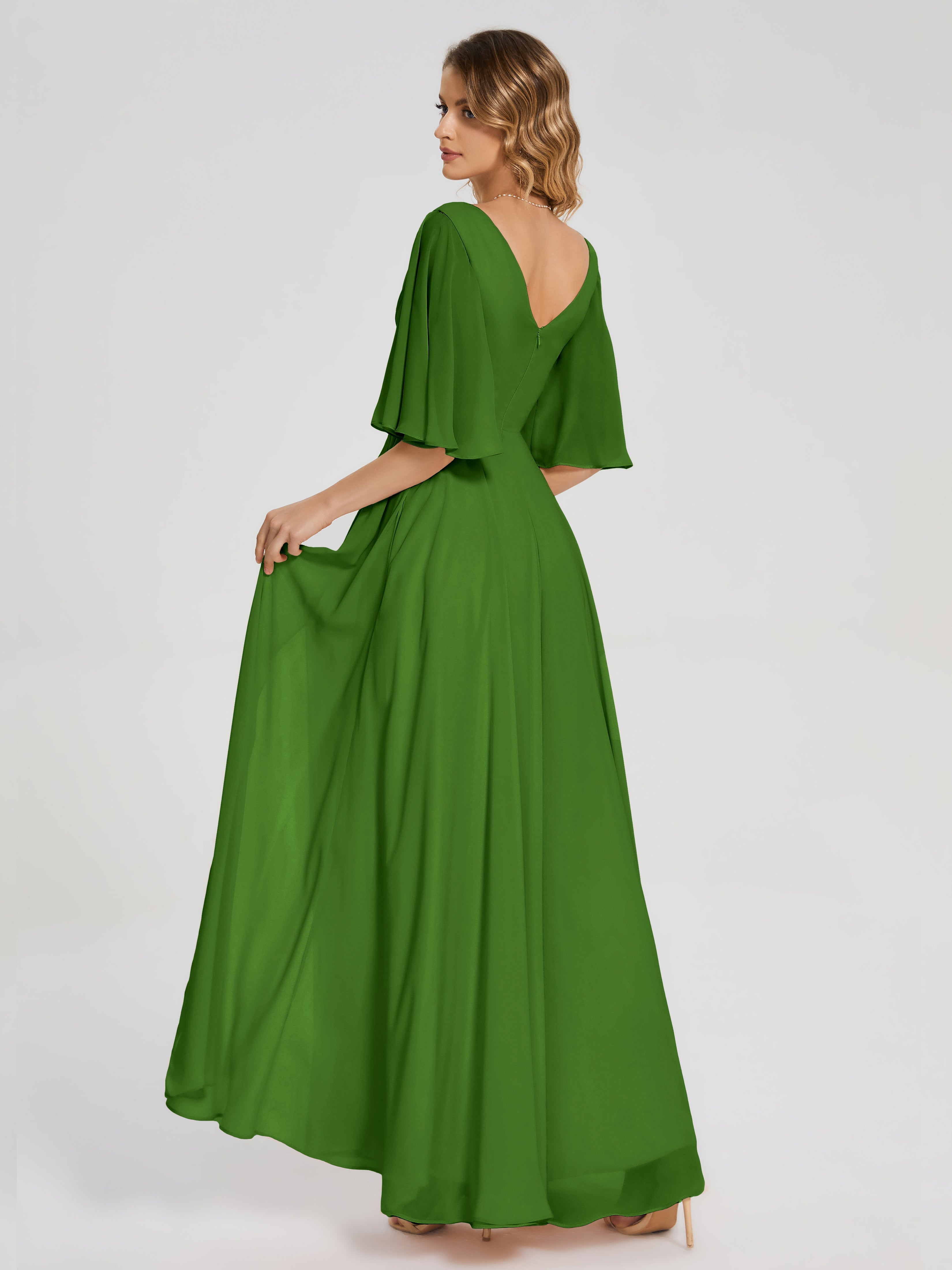 Robes De Demoiselle D'Honneur Vert Mousse Demi Manches Fendue Mousseline Robes Demoiselle D'Honneur