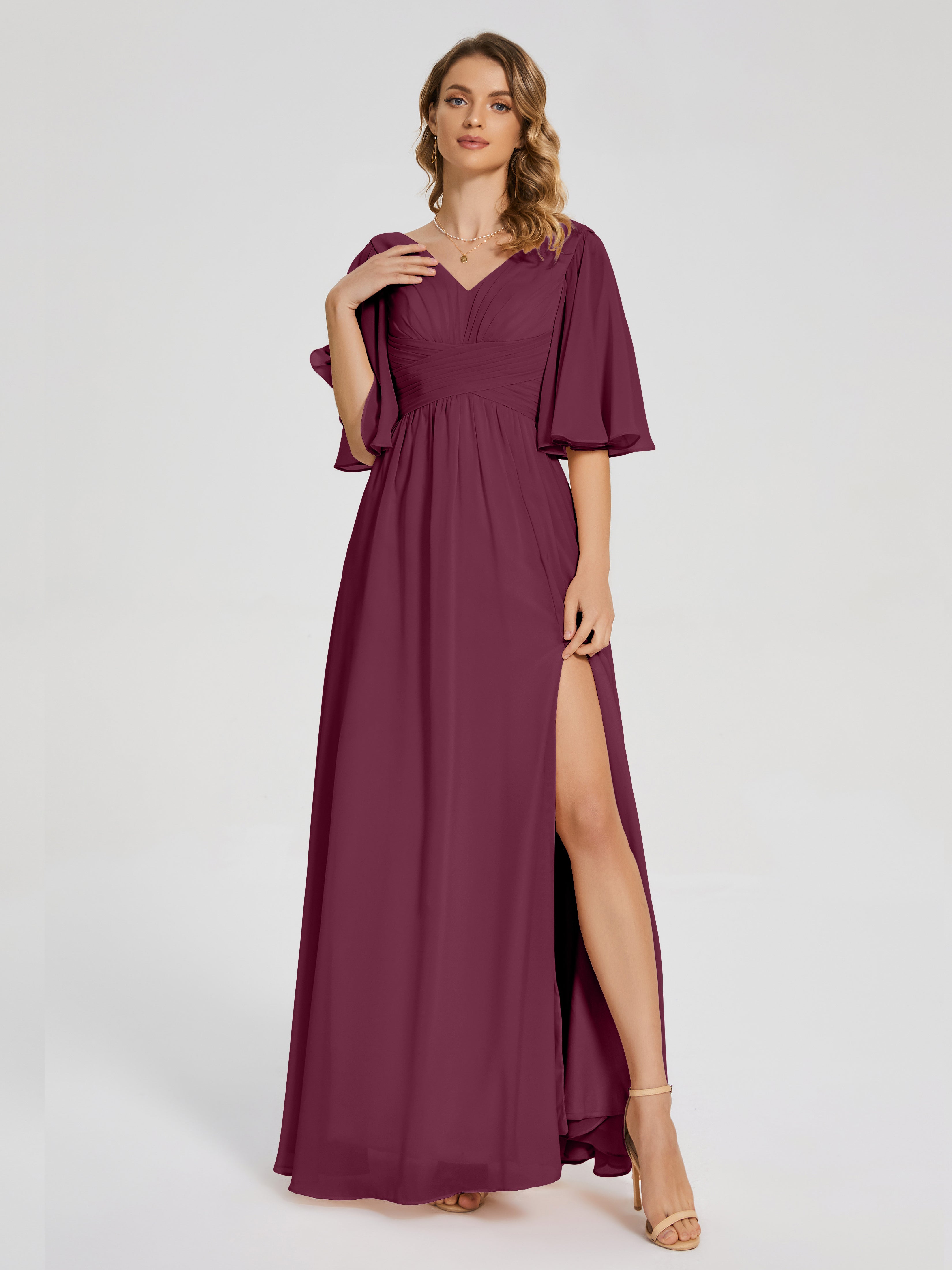 Robes De Demoiselle D'Honneur Mûre Demi Manches Fendue Mousseline Robes Demoiselle D'Honneur