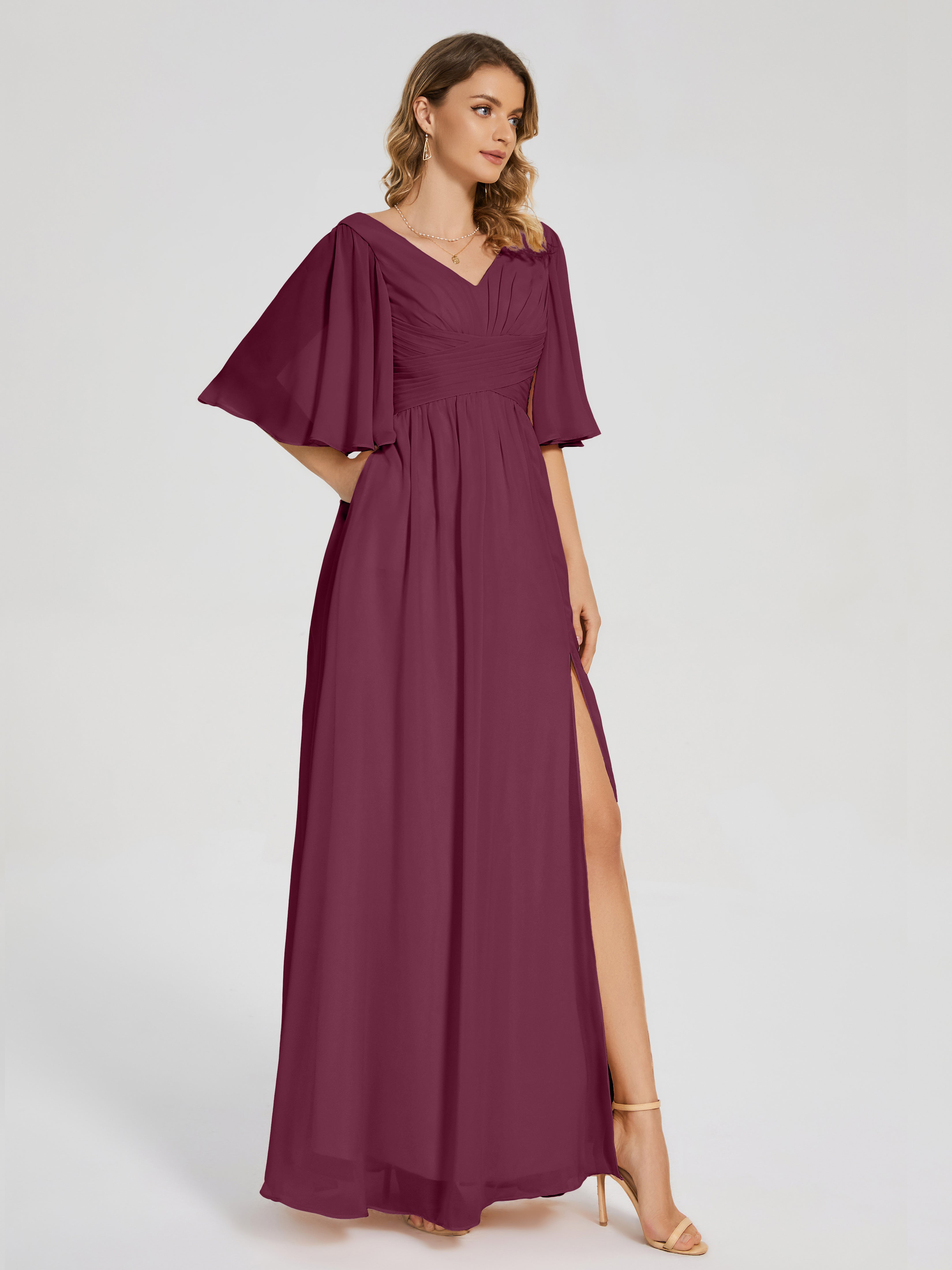 Robes De Demoiselle D'Honneur Mûre Demi Manches Fendue Mousseline Robes Demoiselle D'Honneur