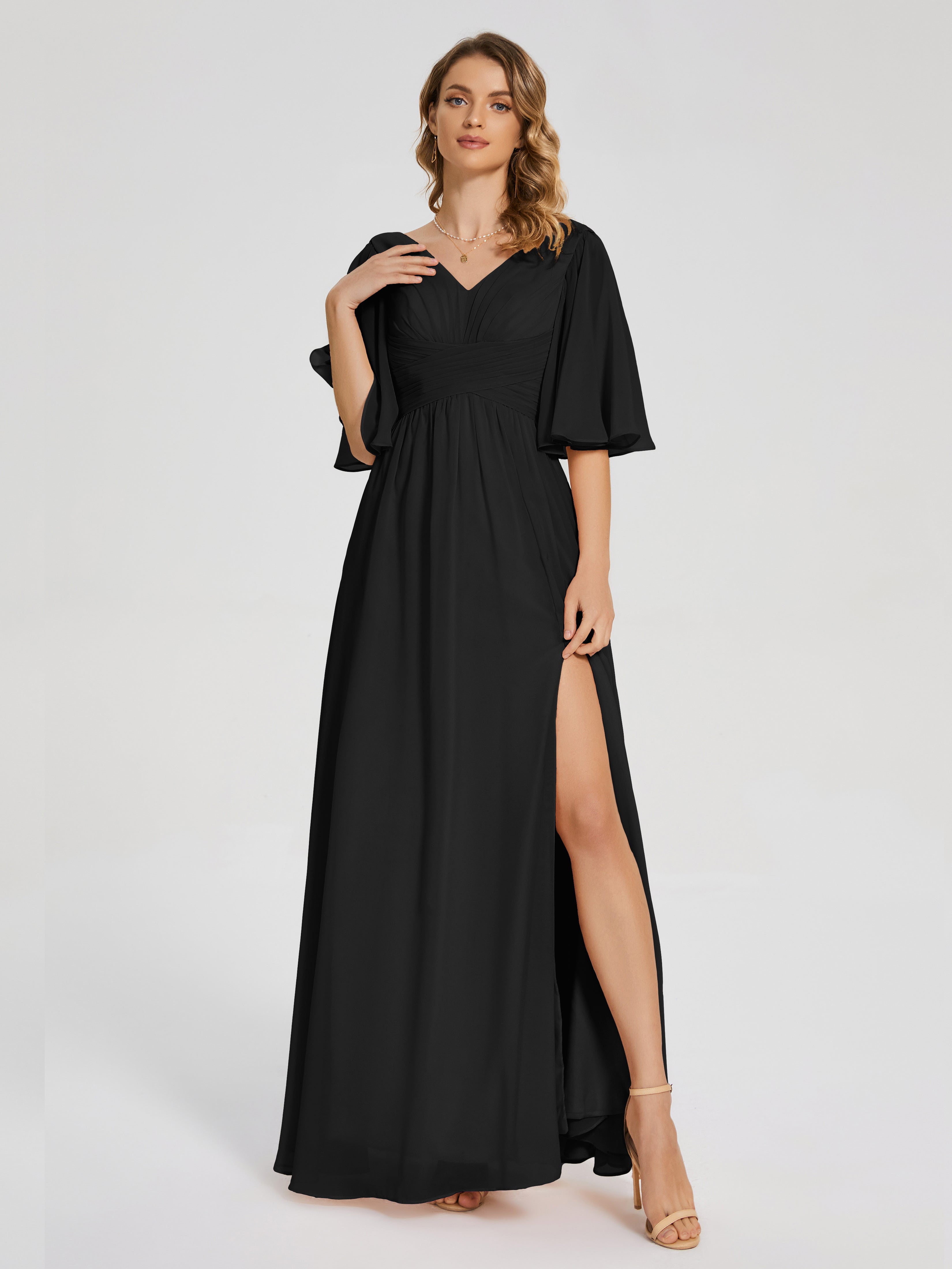 Robe Noir Demoiselle D Honneur Demi Manches Fendue Mousseline Robes Demoiselle D'Honneur