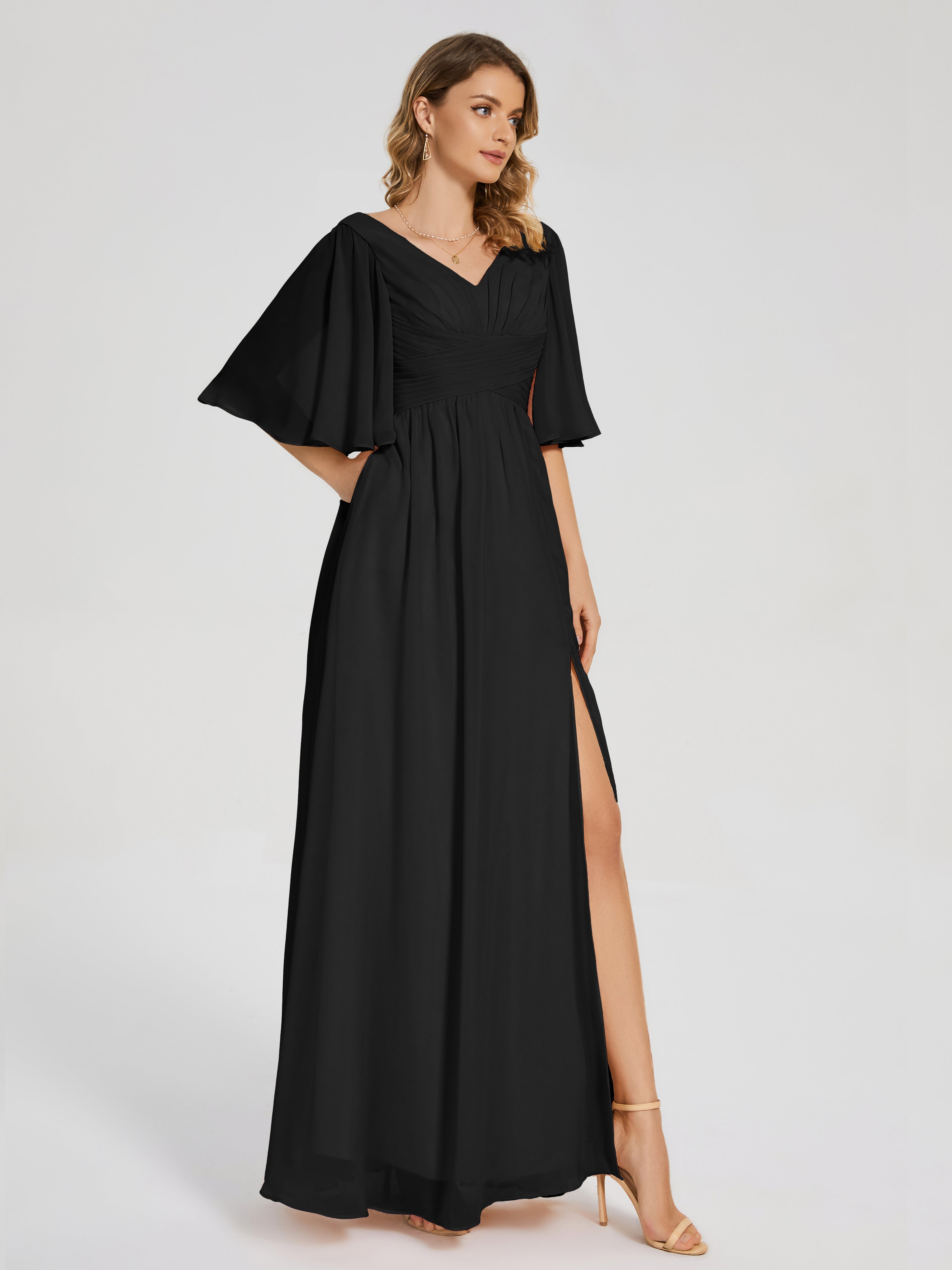 Robe Noir Demoiselle D Honneur Demi Manches Fendue Mousseline Robes Demoiselle D'Honneur