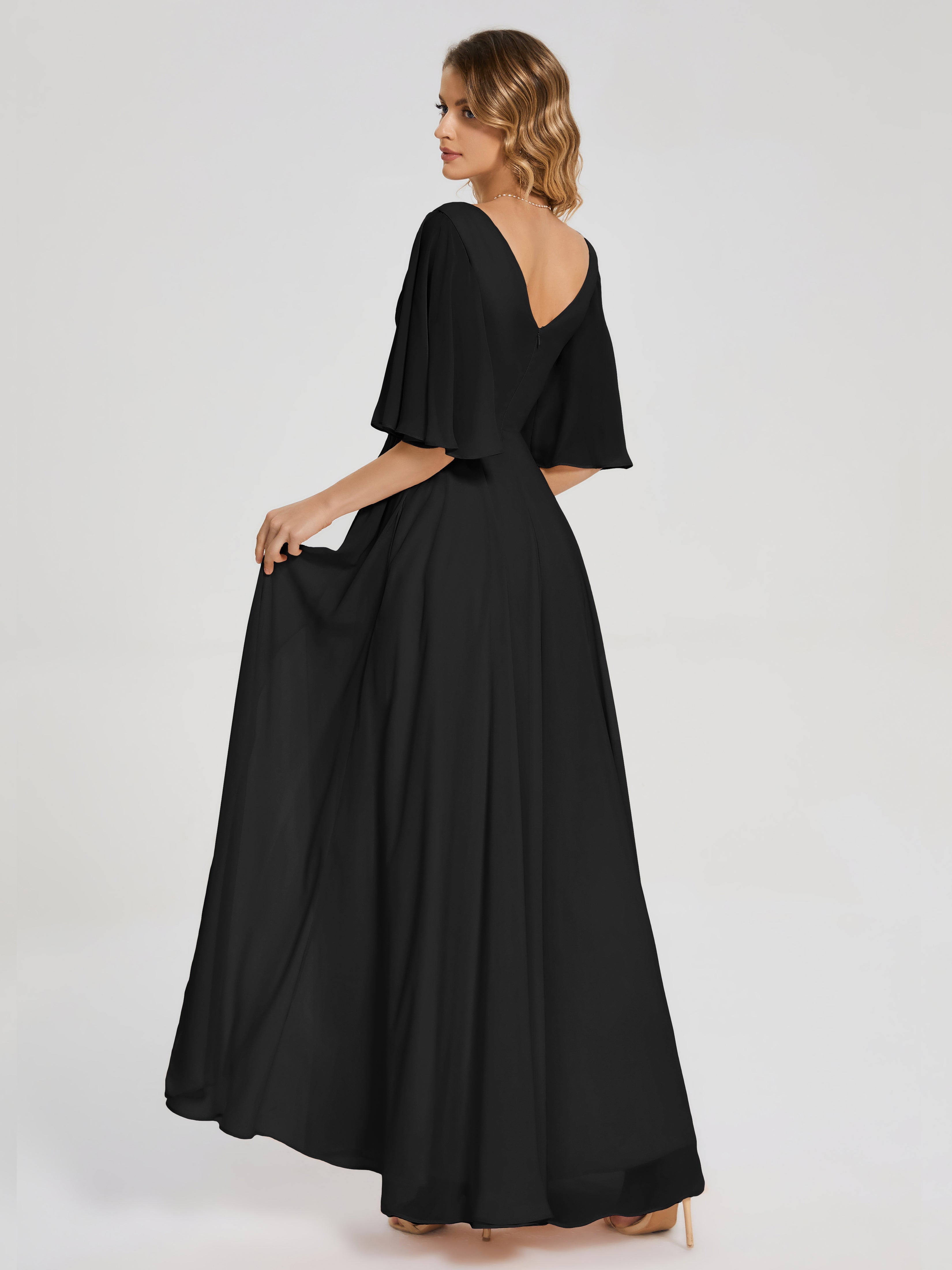 Robe Noir Demoiselle D Honneur Demi Manches Fendue Mousseline Robes Demoiselle D'Honneur