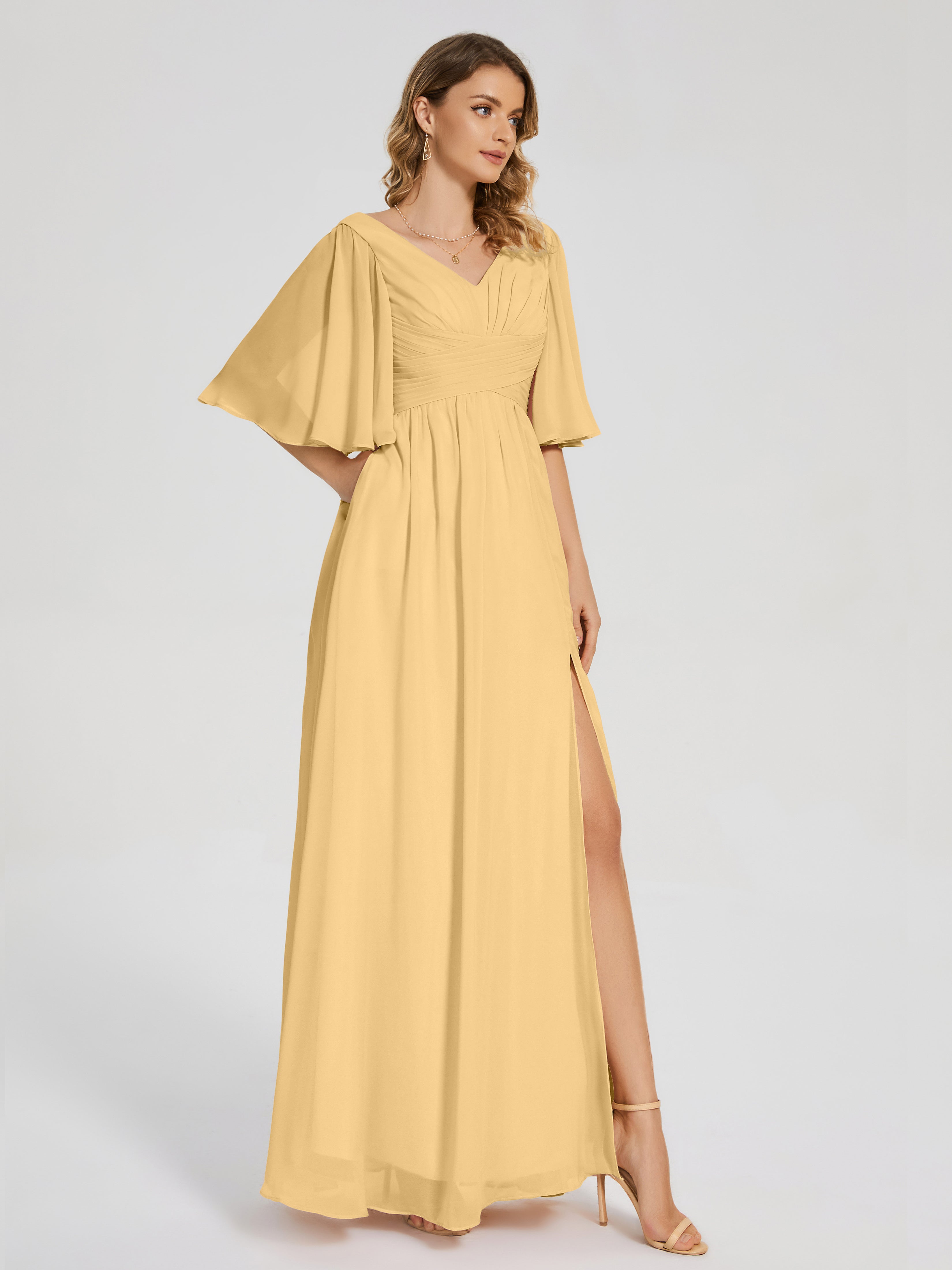 Robes De Demoiselle D'Honneur Courtes En Or Demi Manches Fendue Mousseline Robes Demoiselle D'Honneur