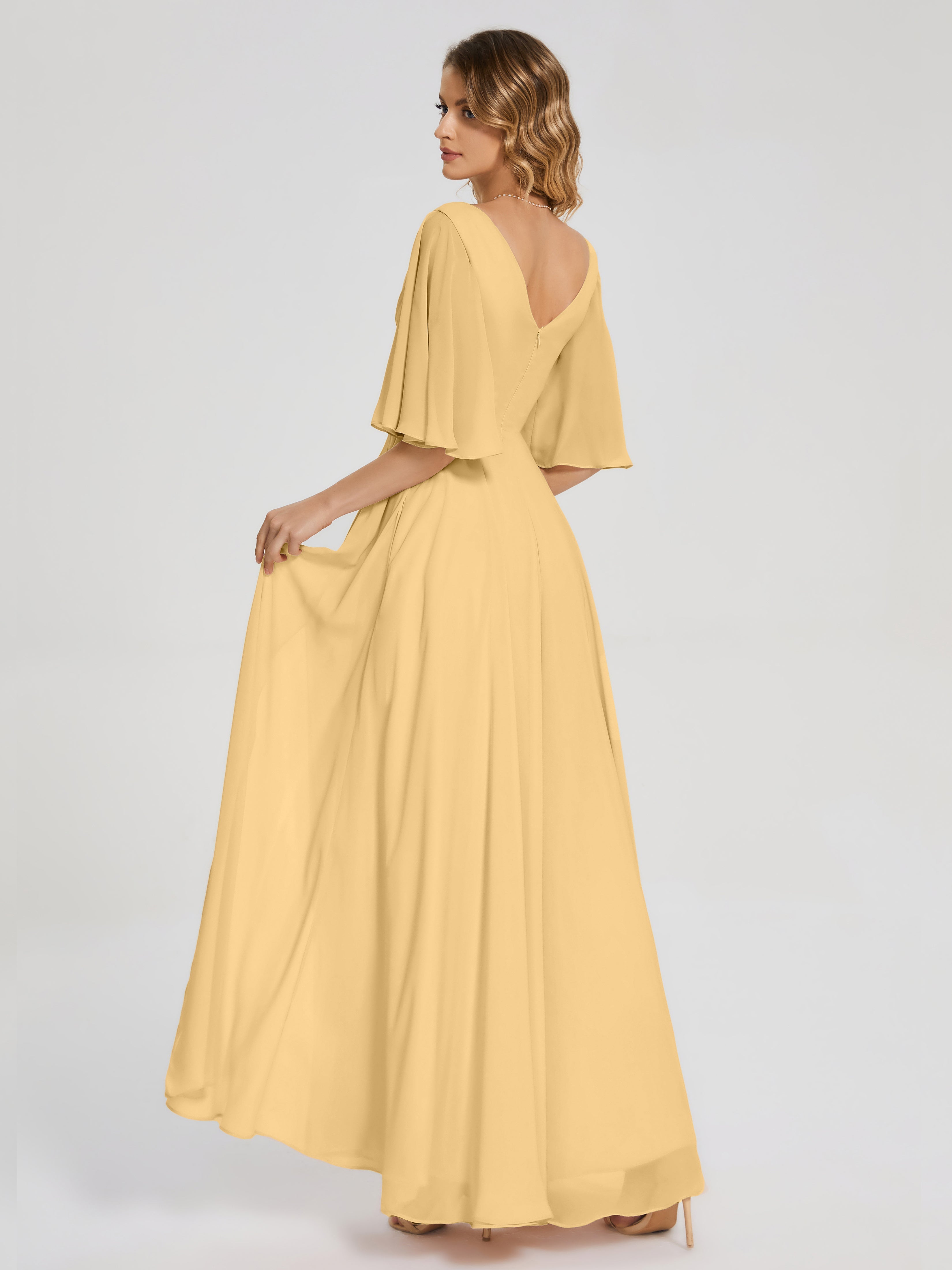 Robes De Demoiselle D'Honneur Courtes En Or Demi Manches Fendue Mousseline Robes Demoiselle D'Honneur