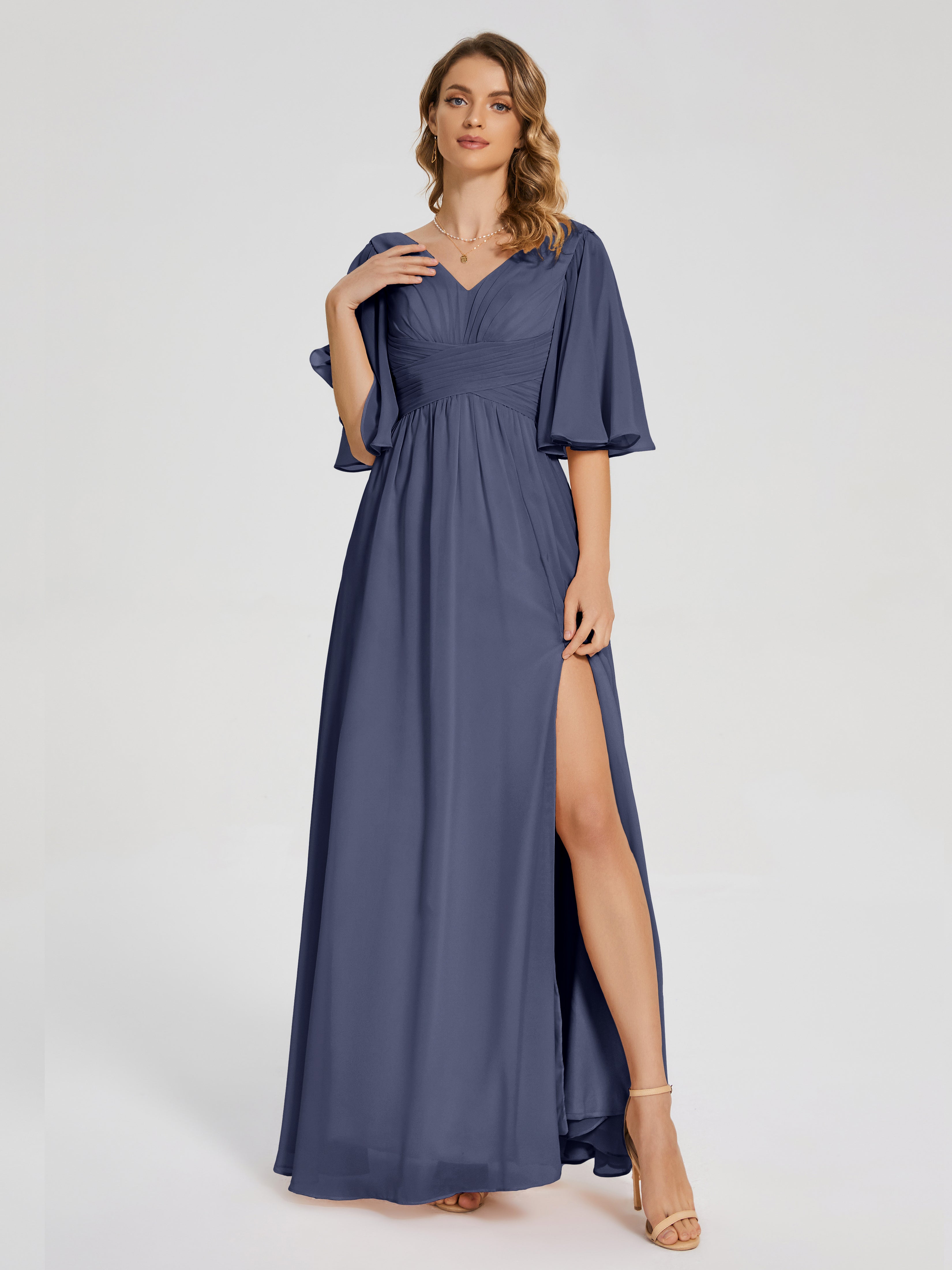Robes De Demoiselle D'Honneur Bleu Orageux Demi Manches Fendue Mousseline Robes Demoiselle D'Honneur