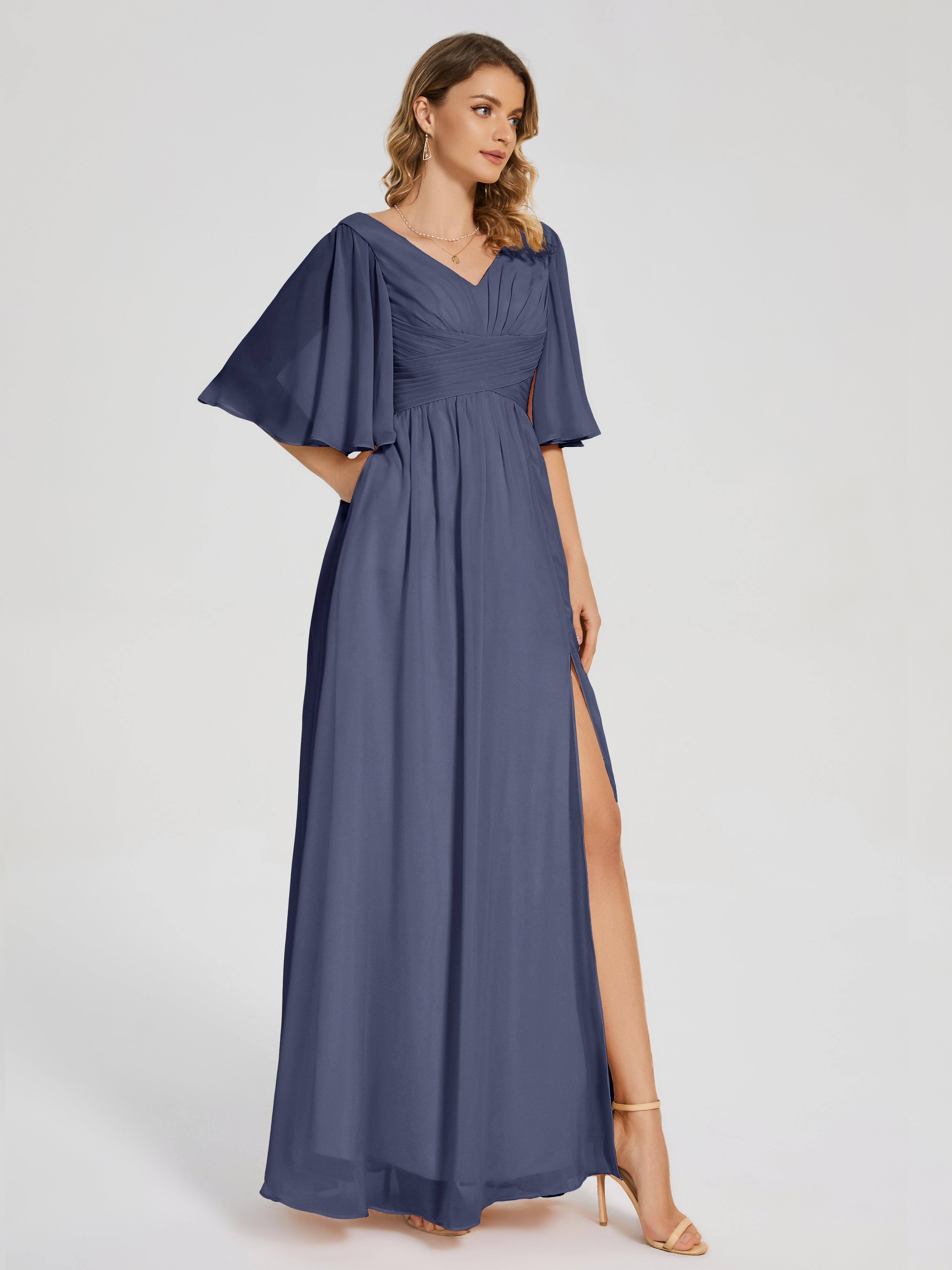 Robes De Demoiselle D'Honneur Bleu Orageux Demi Manches Fendue Mousseline Robes Demoiselle D'Honneur