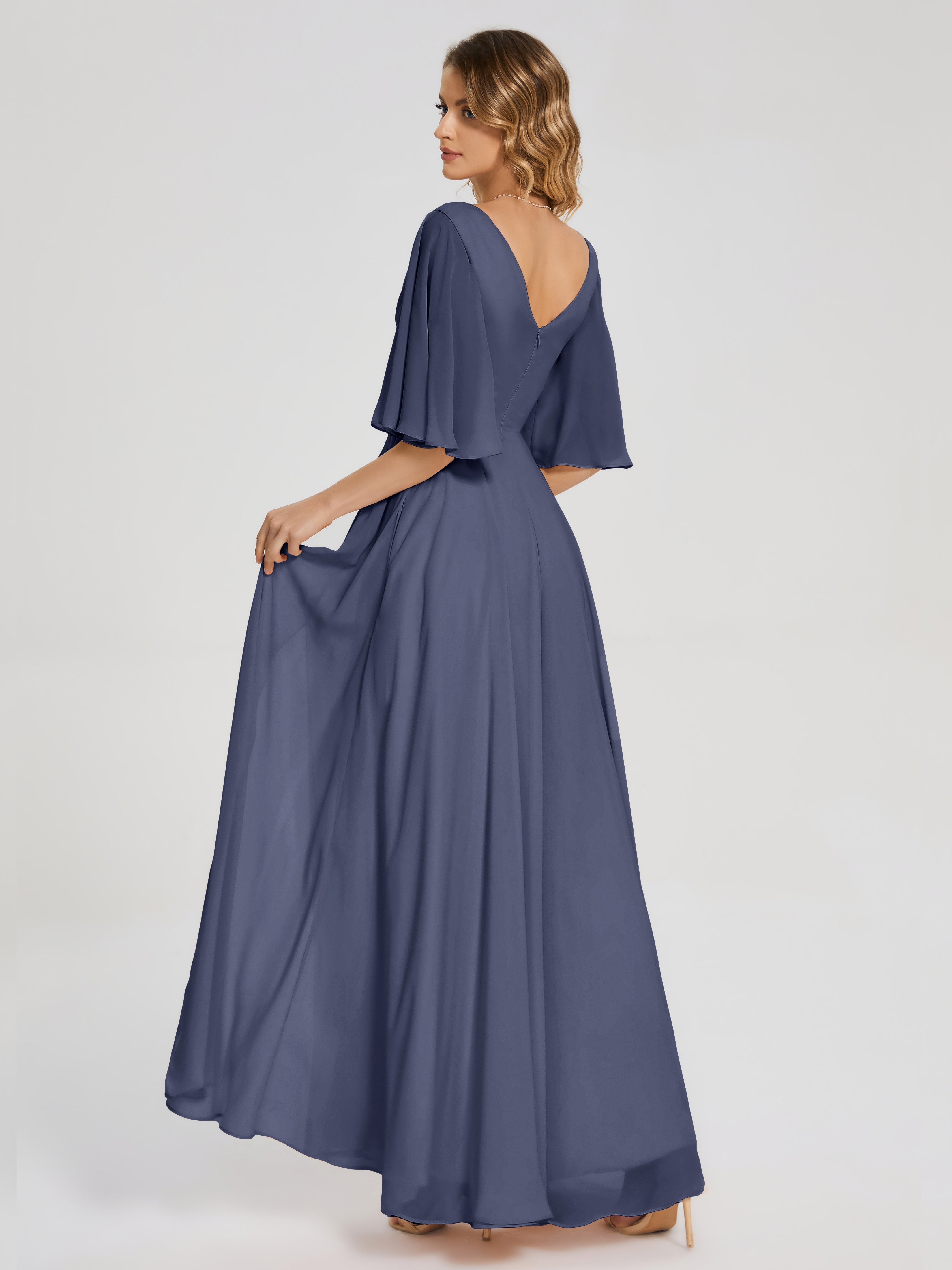 Robes De Demoiselle D'Honneur Bleu Orageux Demi Manches Fendue Mousseline Robes Demoiselle D'Honneur