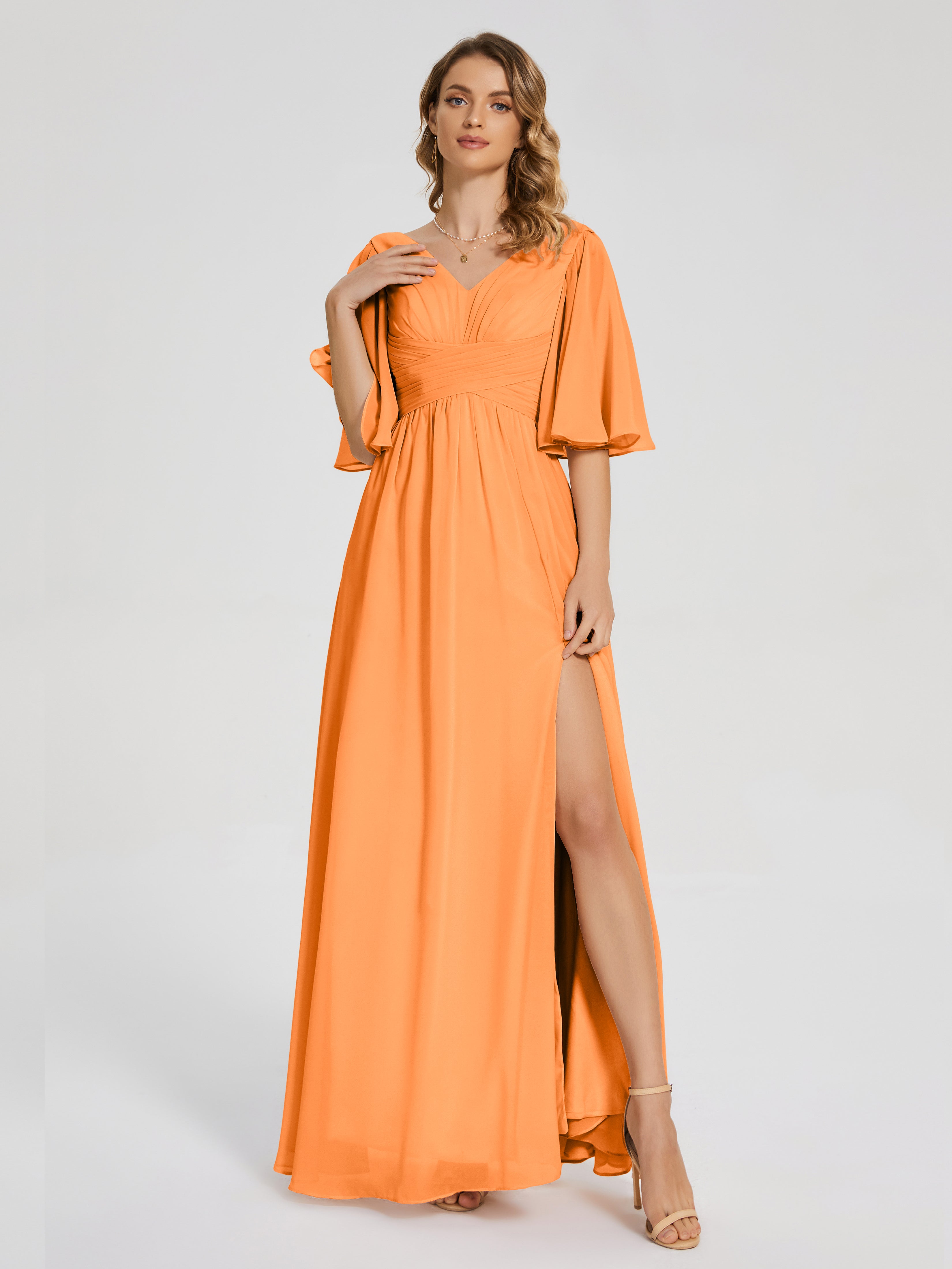 Demoiselle Dhonneur Robe Orange Demi Manches Fendue Mousseline Robes Demoiselle D'Honneur