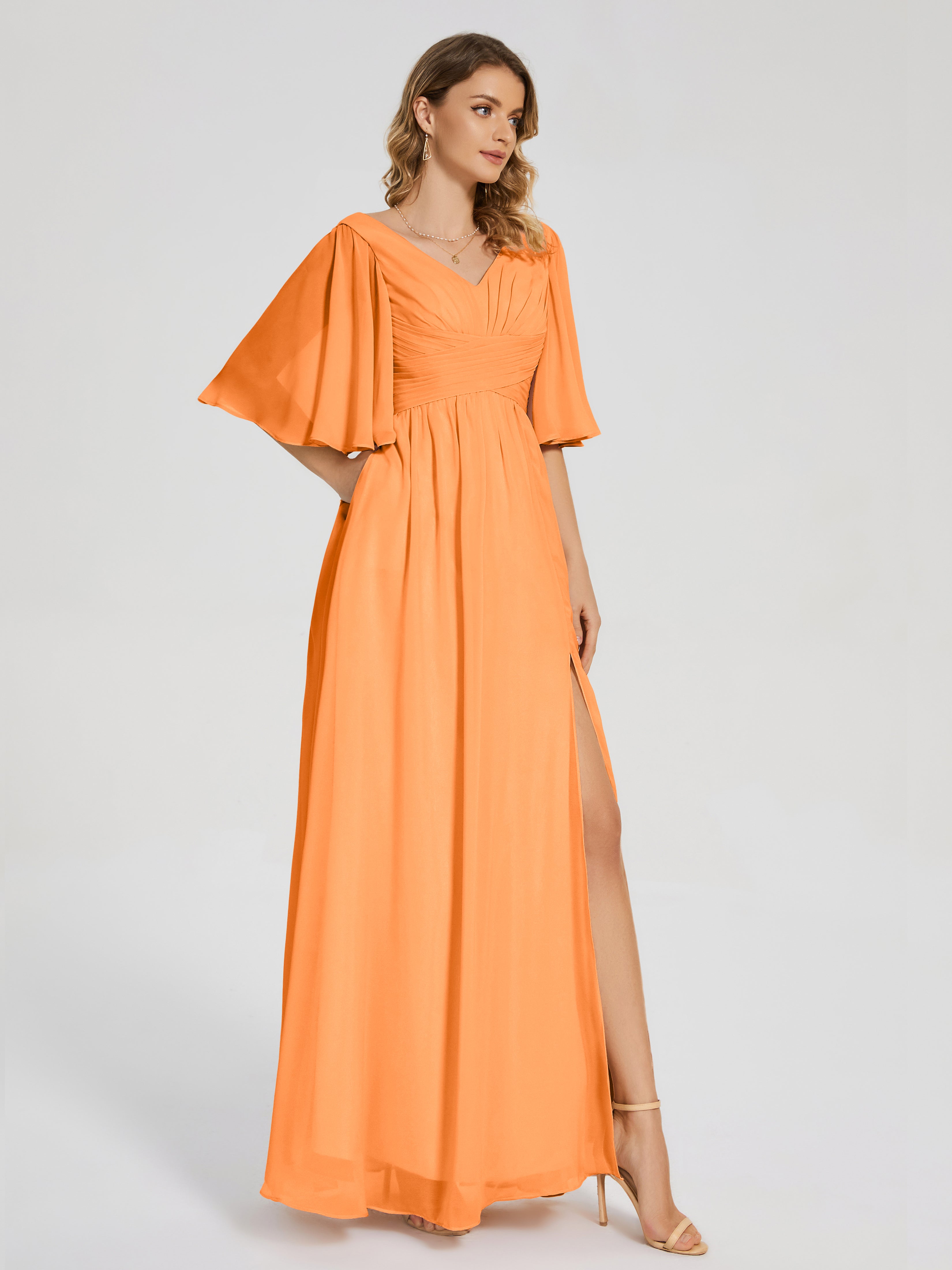 Demoiselle Dhonneur Robe Orange Demi Manches Fendue Mousseline Robes Demoiselle D'Honneur