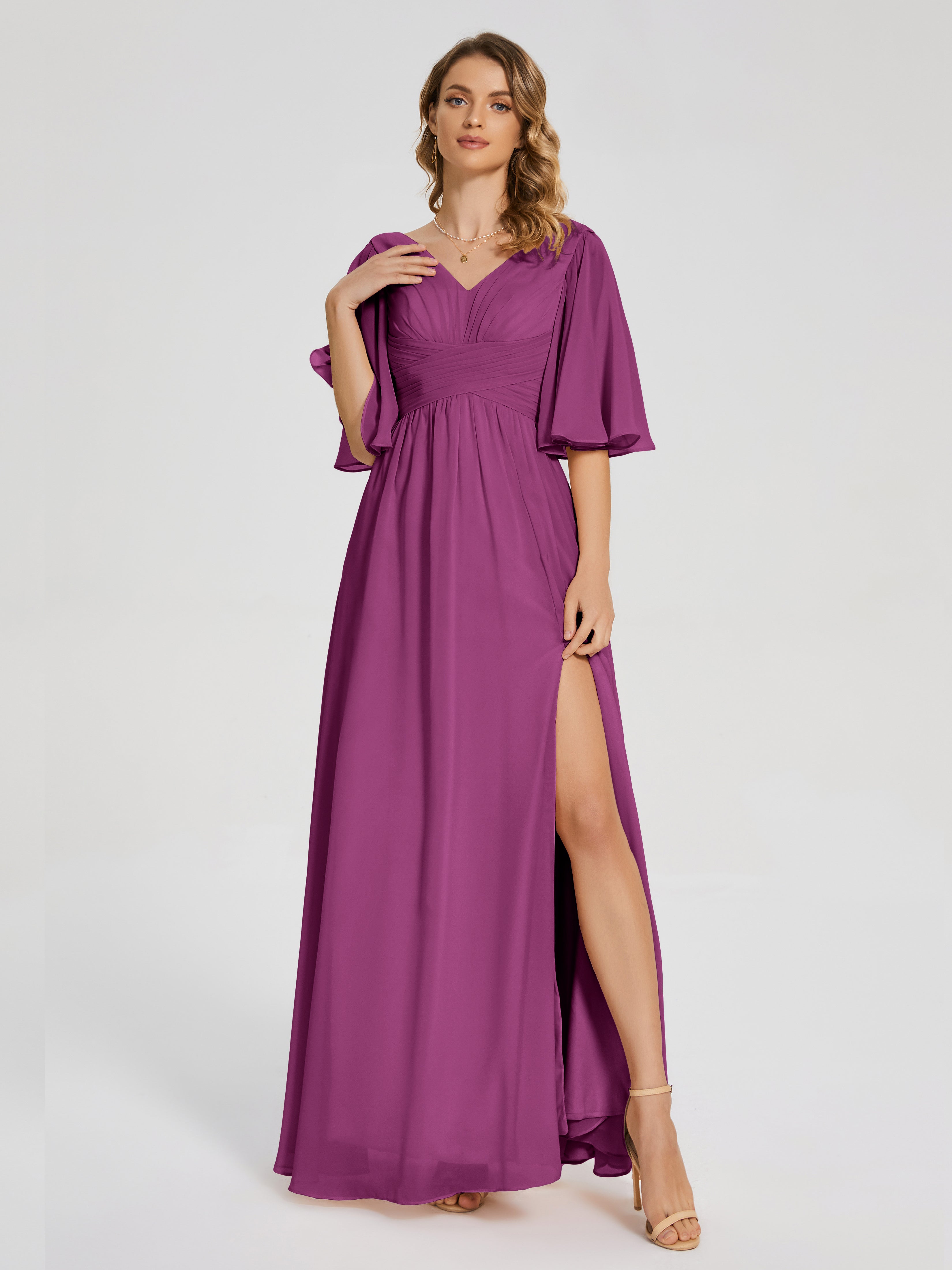 Robes De Demoiselle D'Honneur Orchidée Demi Manches Fendue Mousseline Robes Demoiselle D'Honneur