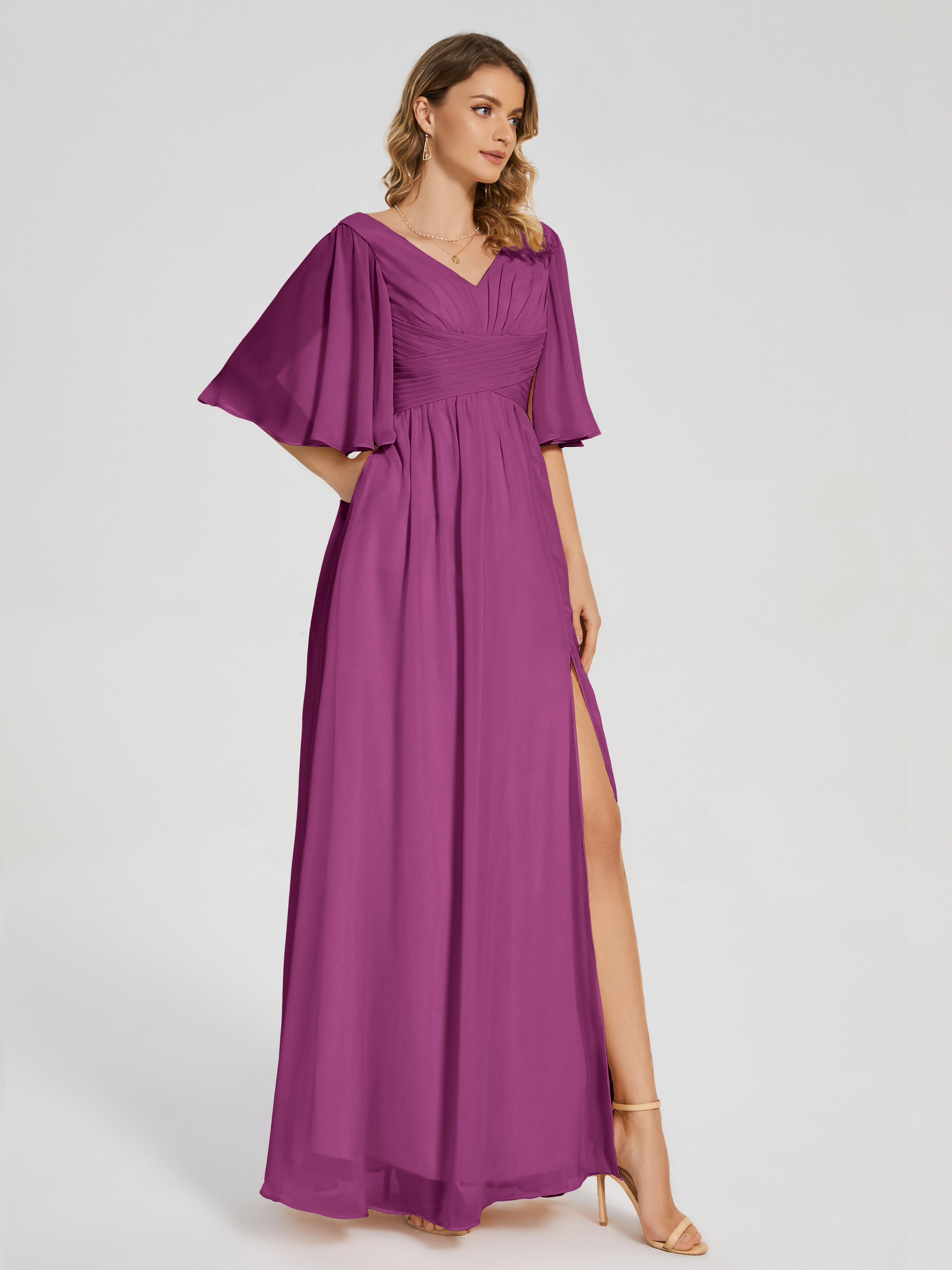 Robes De Demoiselle D'Honneur Orchidée Demi Manches Fendue Mousseline Robes Demoiselle D'Honneur