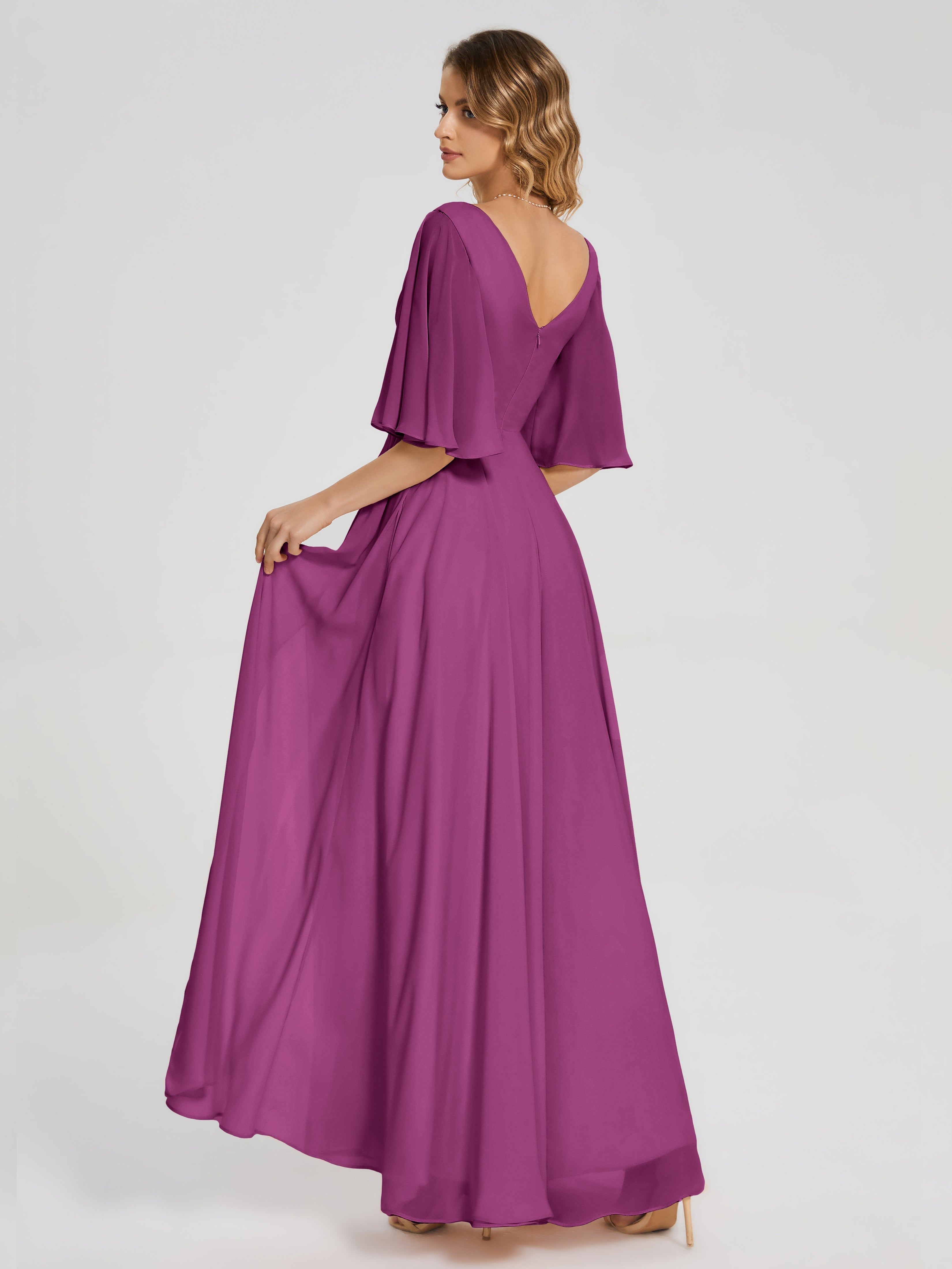 Robes De Demoiselle D'Honneur Orchidée Demi Manches Fendue Mousseline Robes Demoiselle D'Honneur