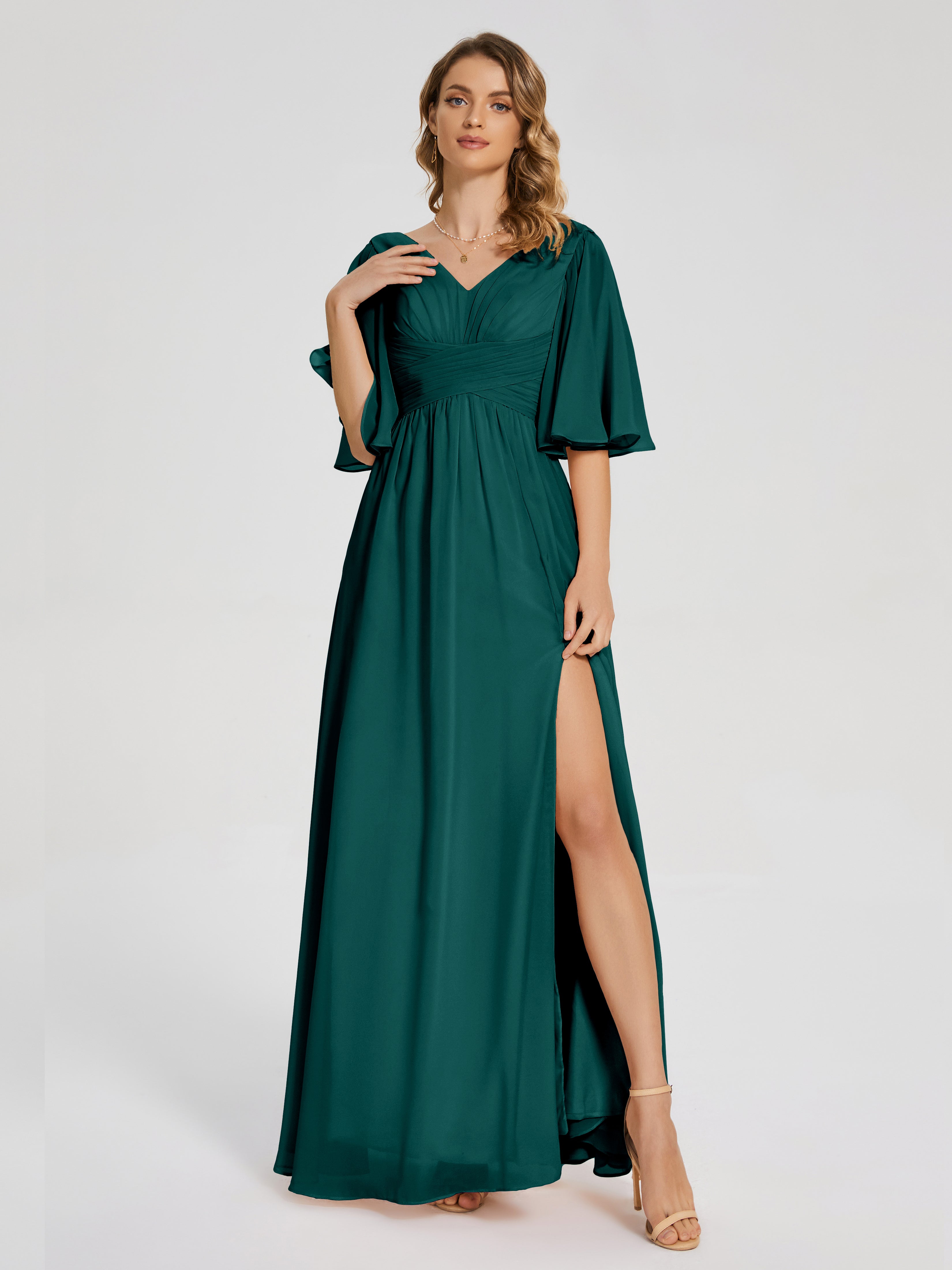 Robes De Demoiselle D'Honneur Bleu Paon Demi Manches Fendue Mousseline Robes Demoiselle D'Honneur
