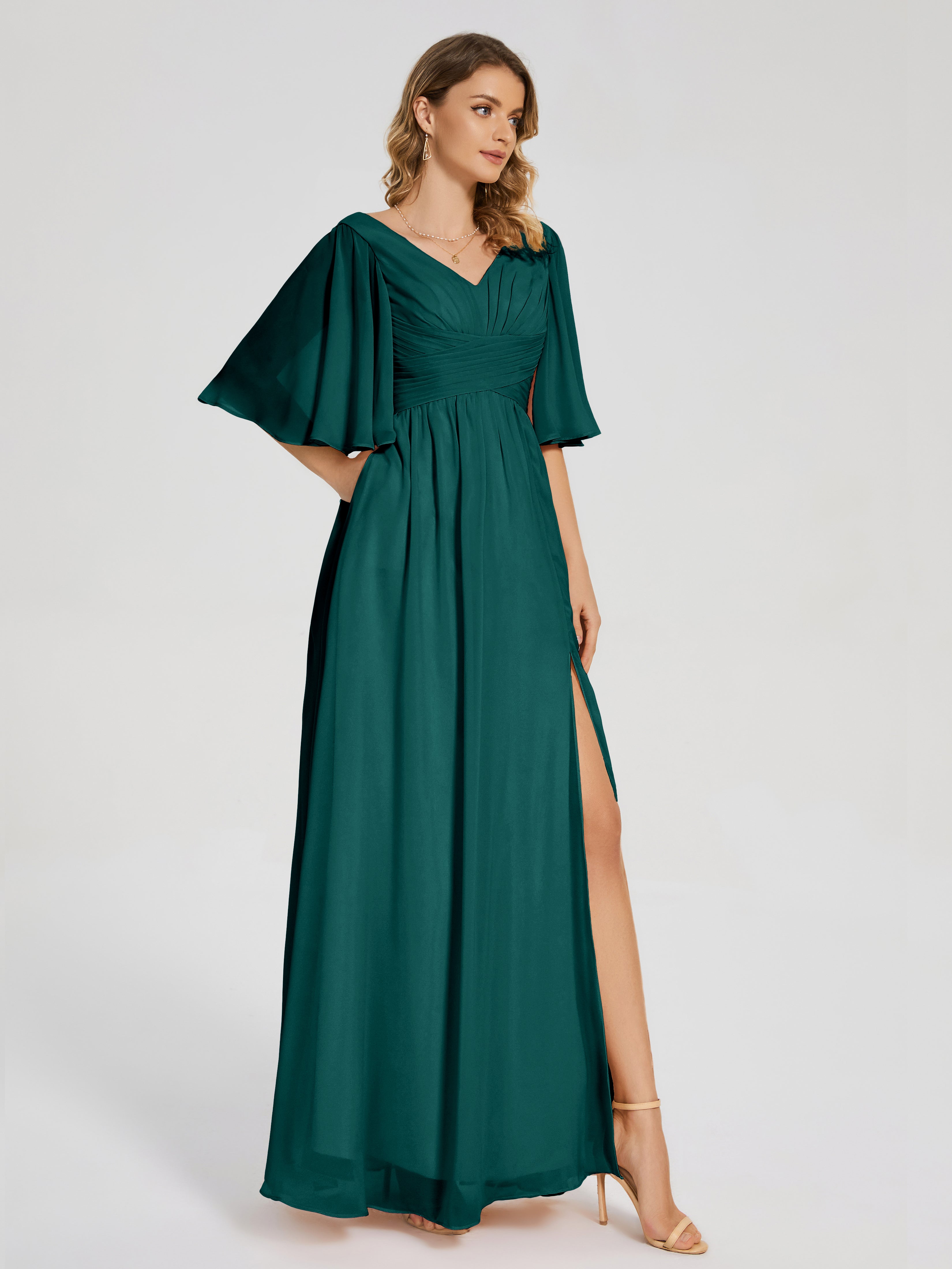 Robes De Demoiselle D'Honneur Bleu Paon Demi Manches Fendue Mousseline Robes Demoiselle D'Honneur