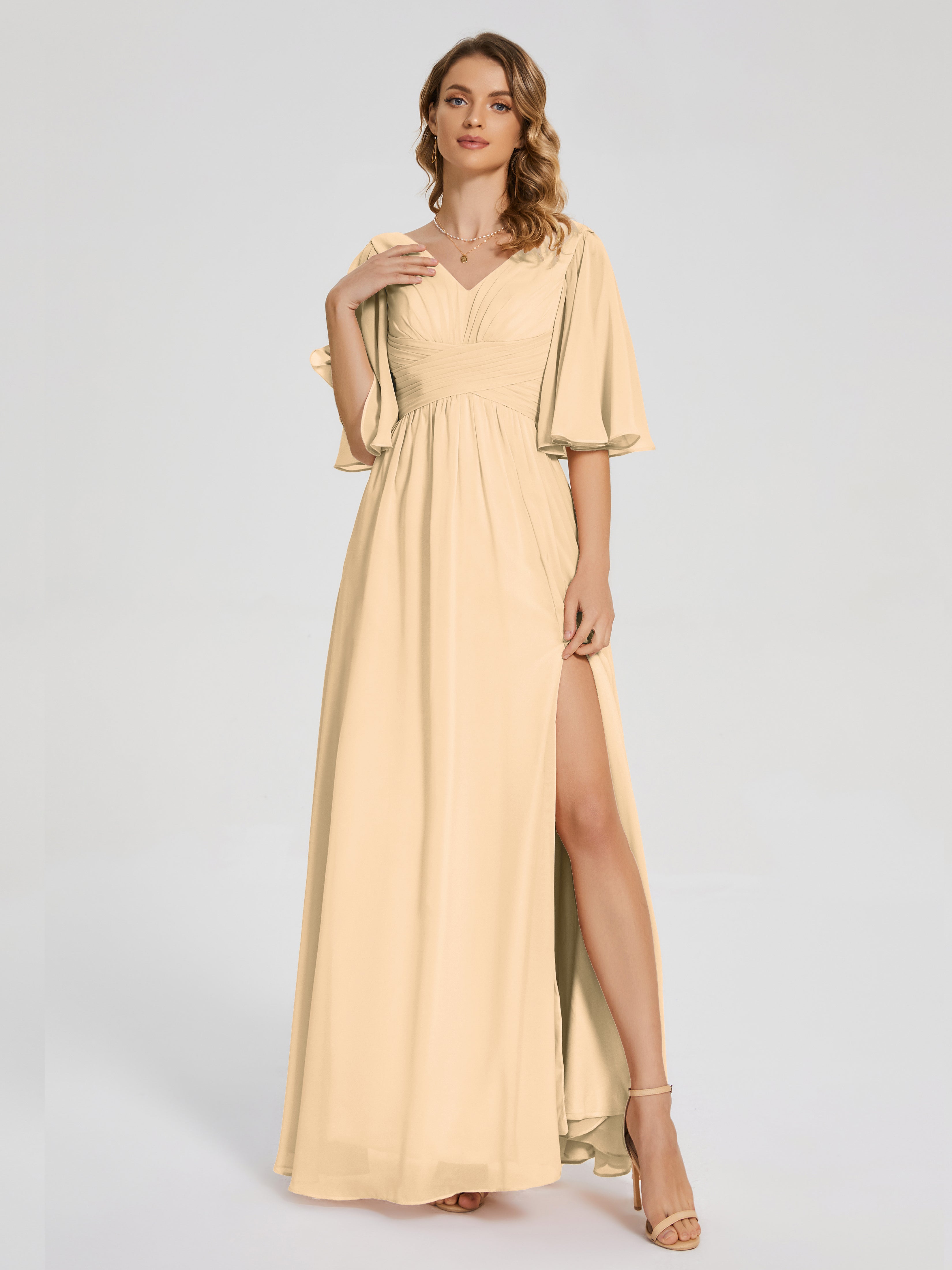 Robe Peche Demoiselle D Honneur Demi Manches Fendue Mousseline Robes Demoiselle D'Honneur