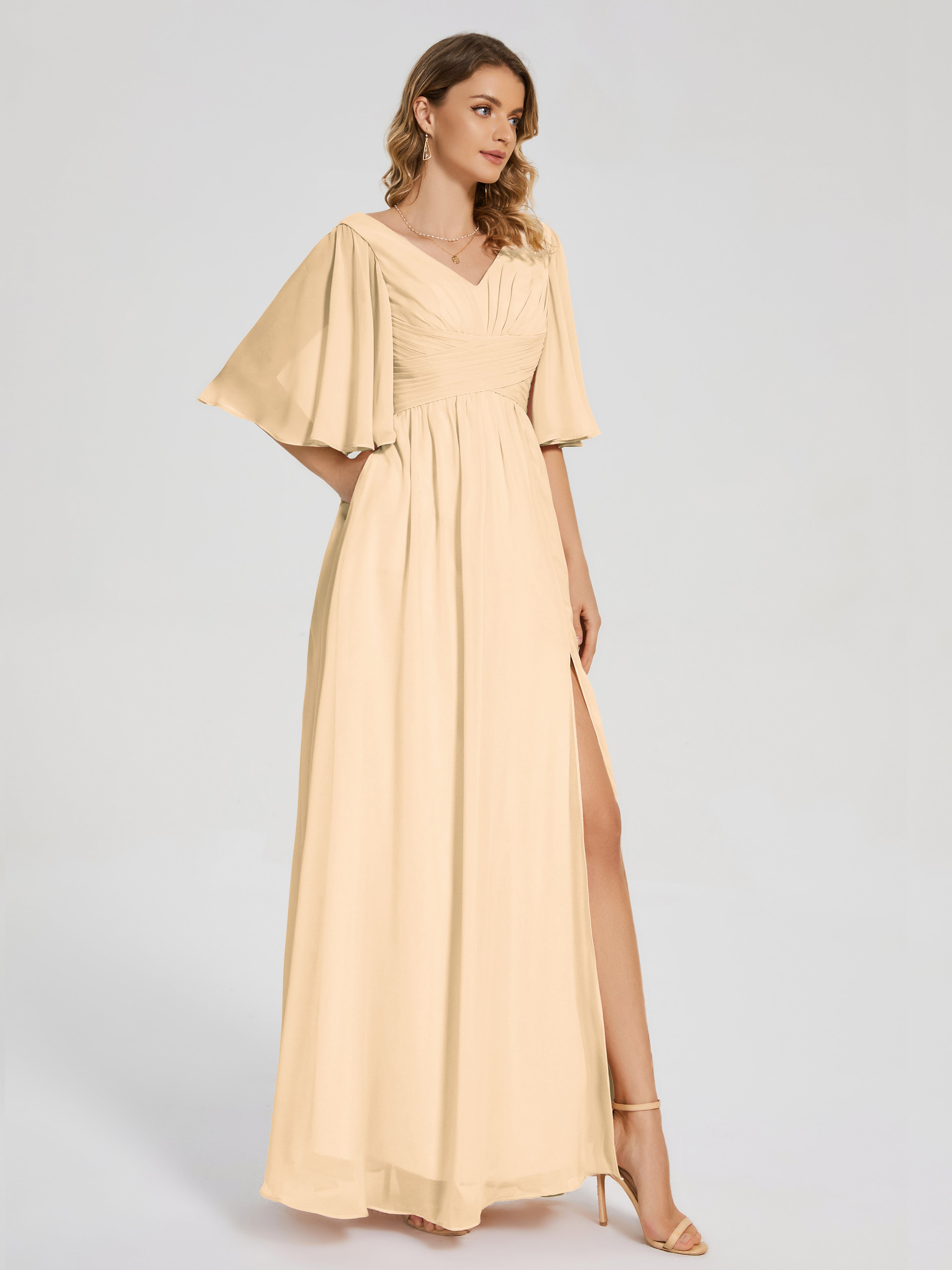 Robe Peche Demoiselle D Honneur Demi Manches Fendue Mousseline Robes Demoiselle D'Honneur