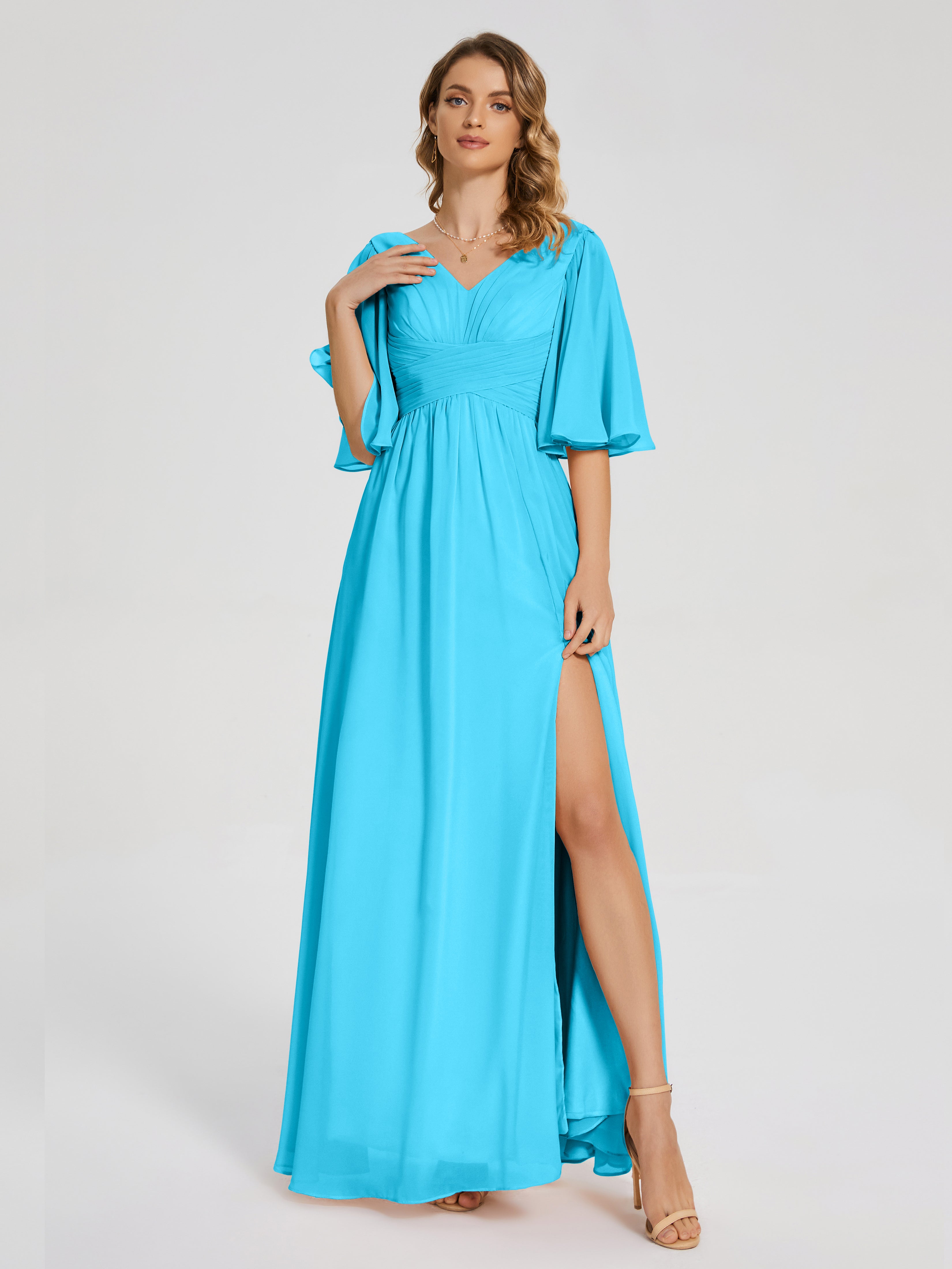 Robe De Demoiselle D'Honneur En Piscine Demi Manches Fendue Mousseline Robes Demoiselle D'Honneur