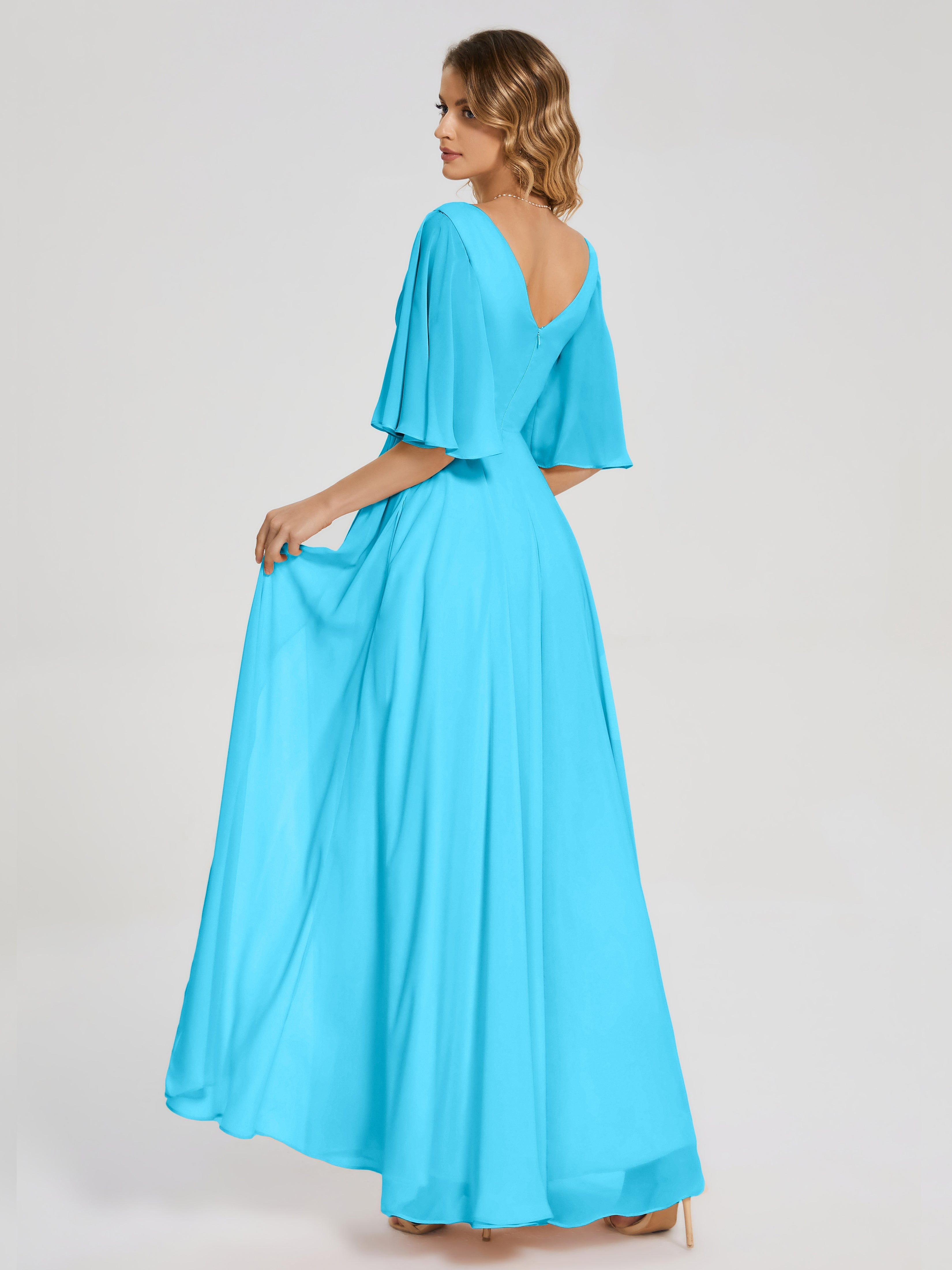Robe De Demoiselle D'Honneur En Piscine Demi Manches Fendue Mousseline Robes Demoiselle D'Honneur