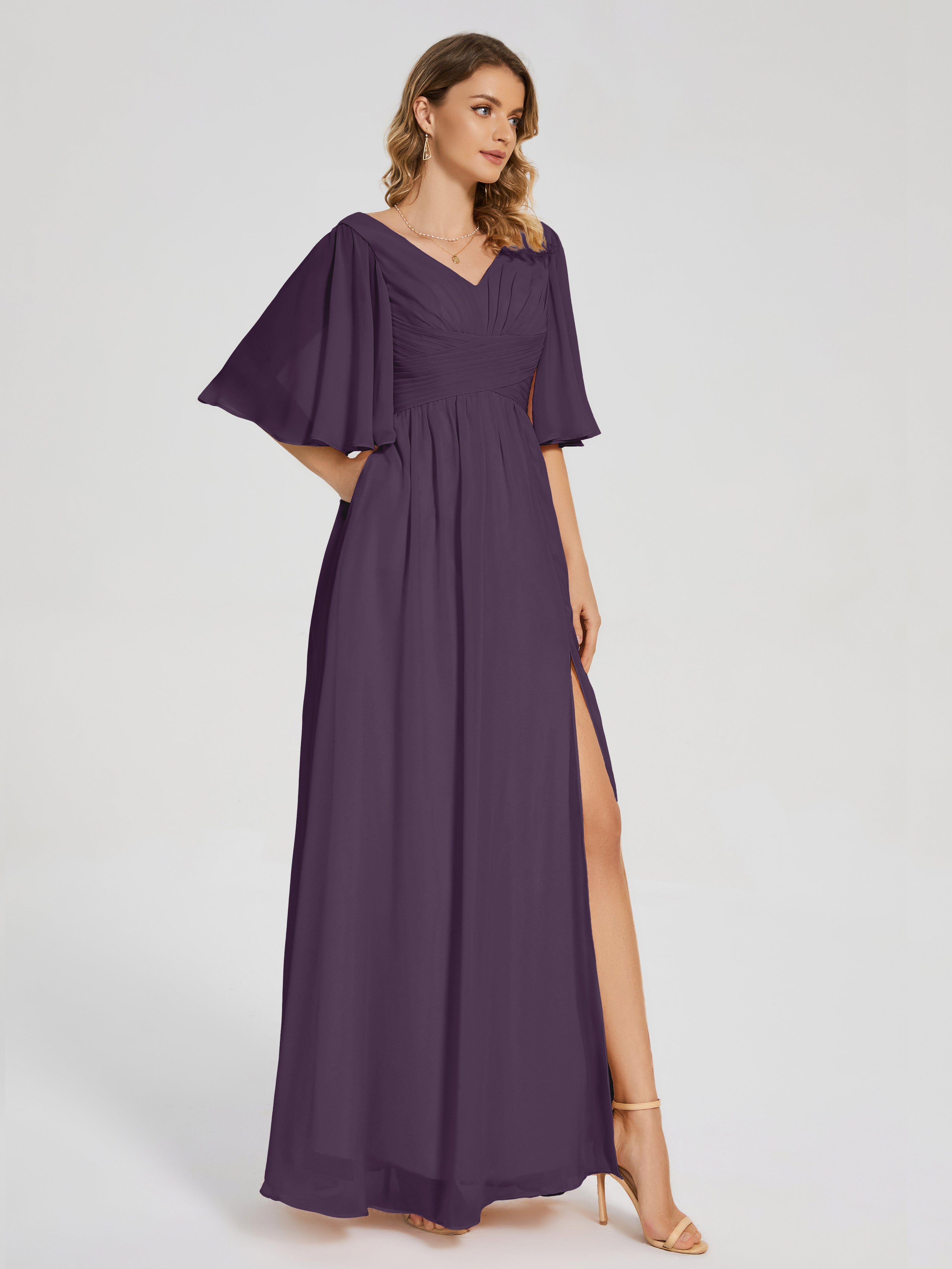 Robe Demoiselle D Honneur Plume Demi Manches Fendue Mousseline Robes Demoiselle D'Honneur