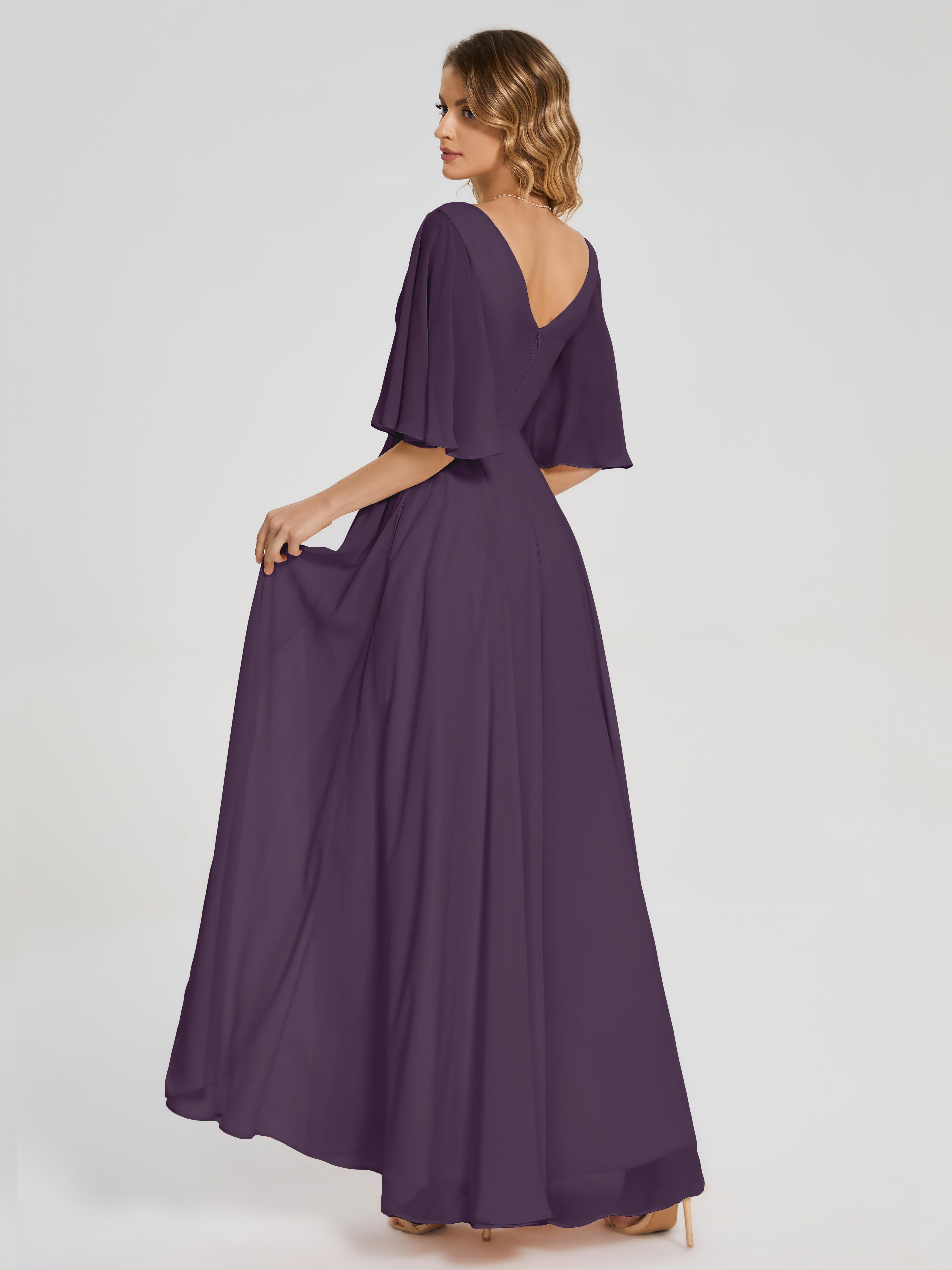 Robe Demoiselle D Honneur Plume Demi Manches Fendue Mousseline Robes Demoiselle D'Honneur
