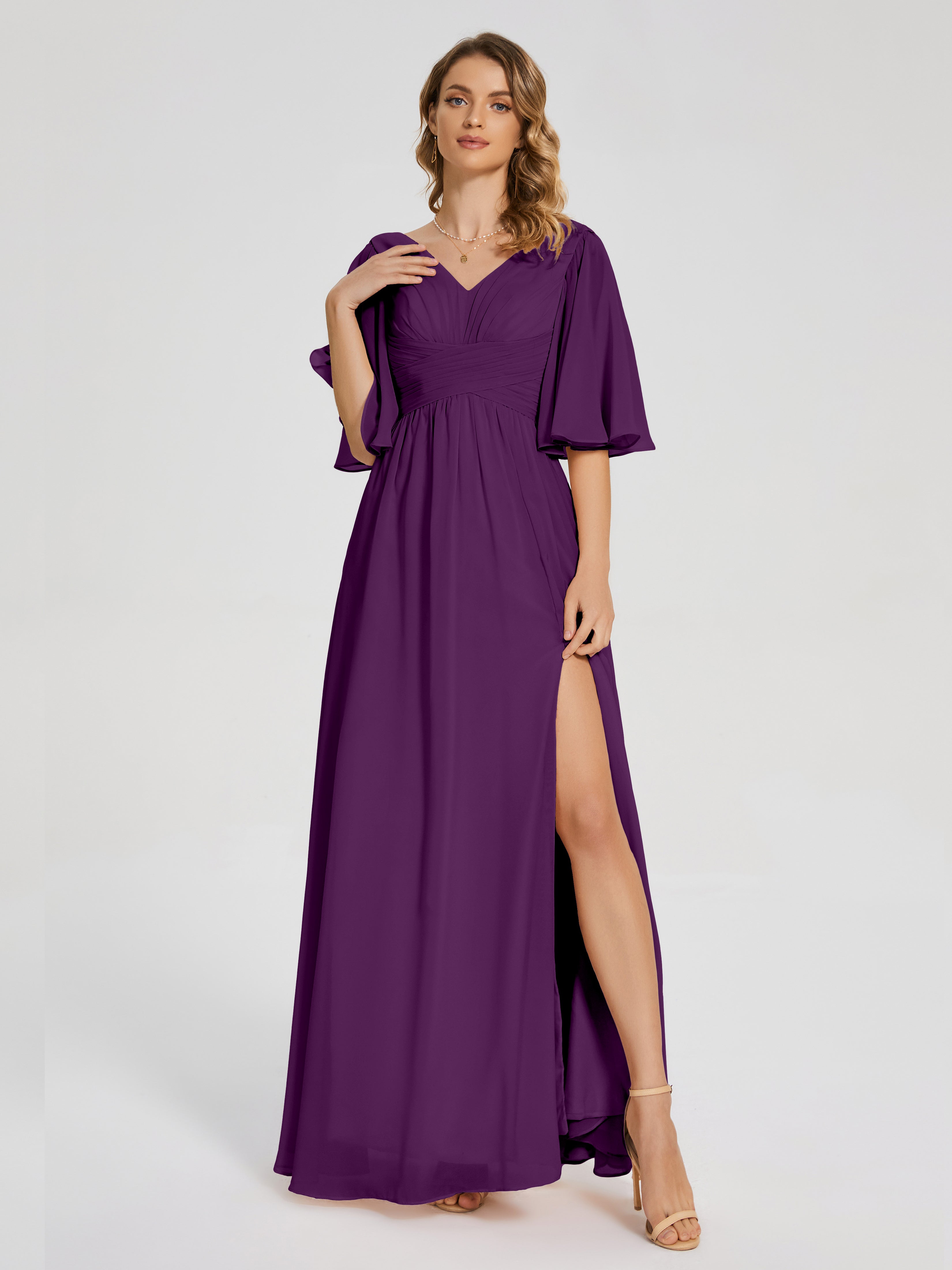 Robes De Demoiselle D'Honneur En Raisin Demi Manches Fendue Mousseline Robes Demoiselle D'Honneur