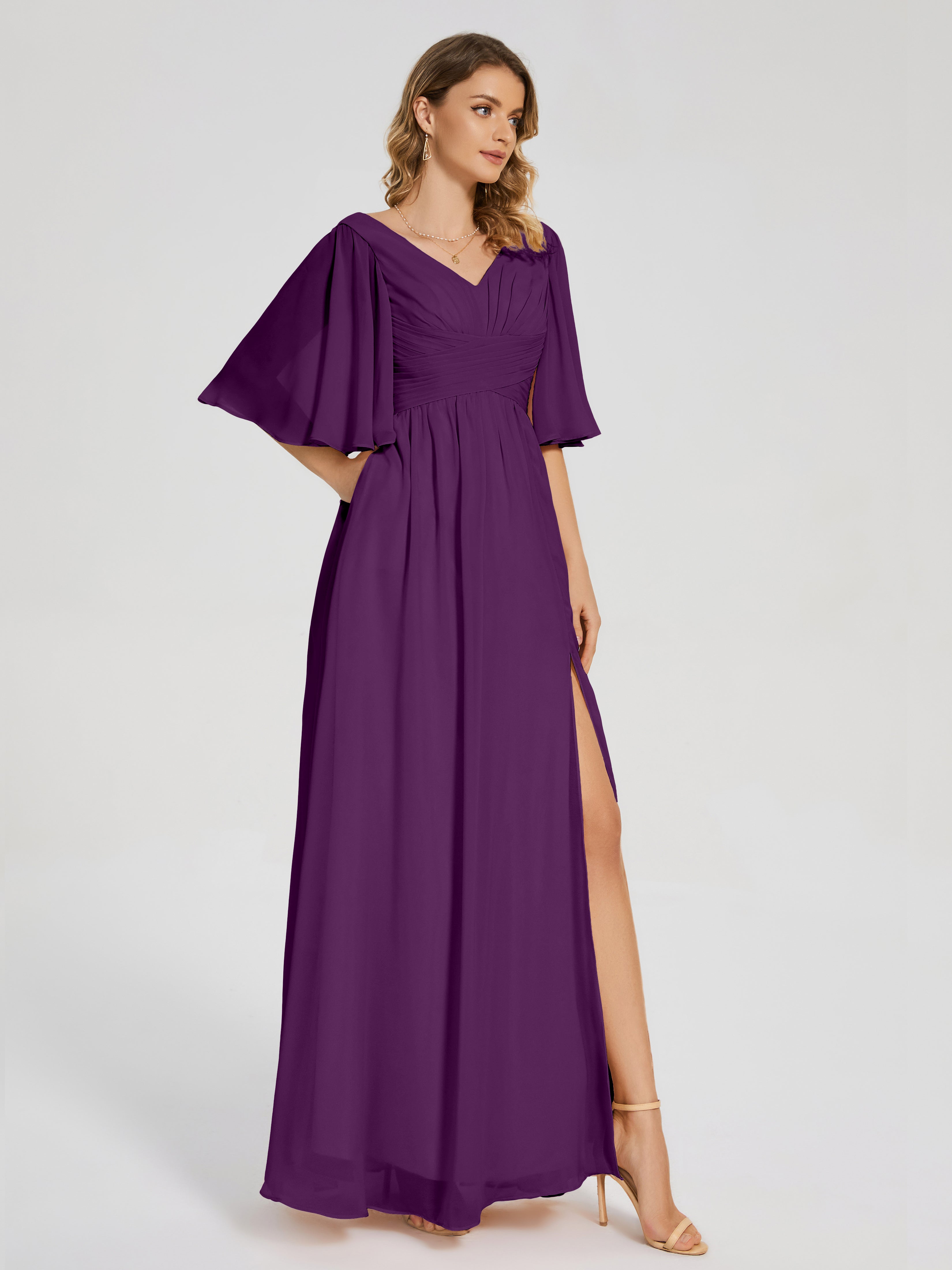 Robes De Demoiselle D'Honneur En Raisin Demi Manches Fendue Mousseline Robes Demoiselle D'Honneur