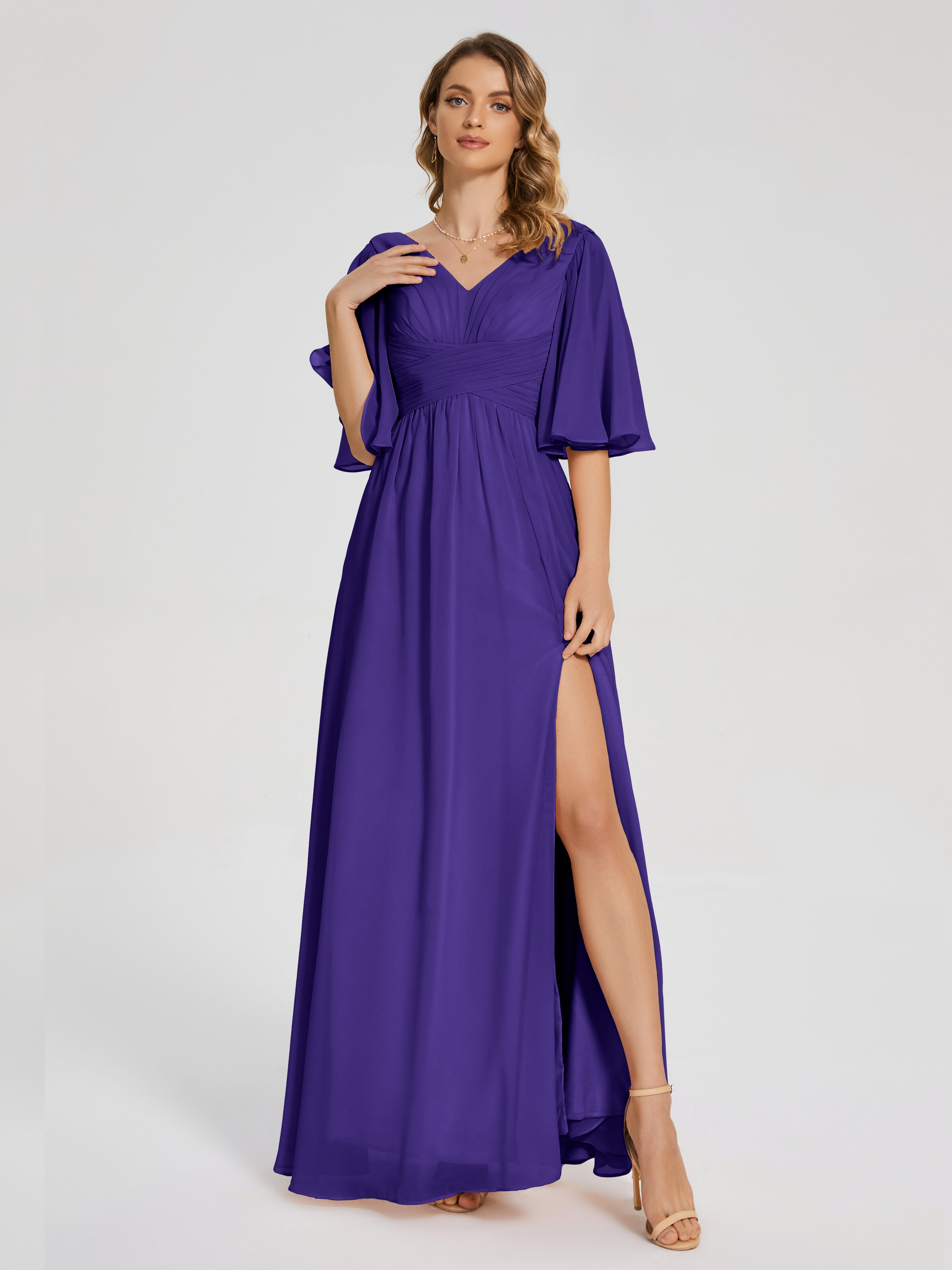 Robes De Demoiselle D'Honneur En Régence Demi Manches Fendue Mousseline Robes Demoiselle D'Honneur