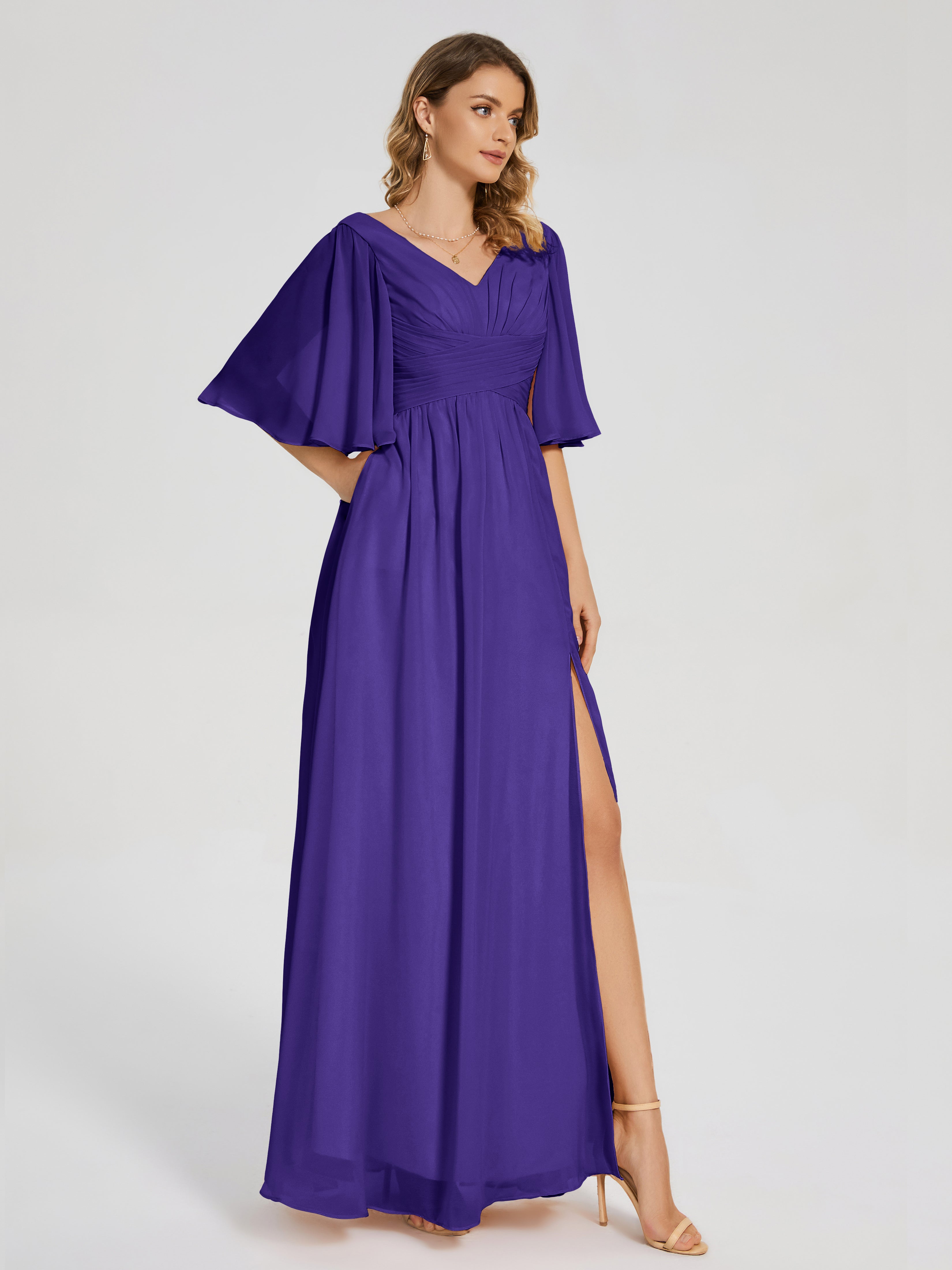 Robes De Demoiselle D'Honneur En Régence Demi Manches Fendue Mousseline Robes Demoiselle D'Honneur