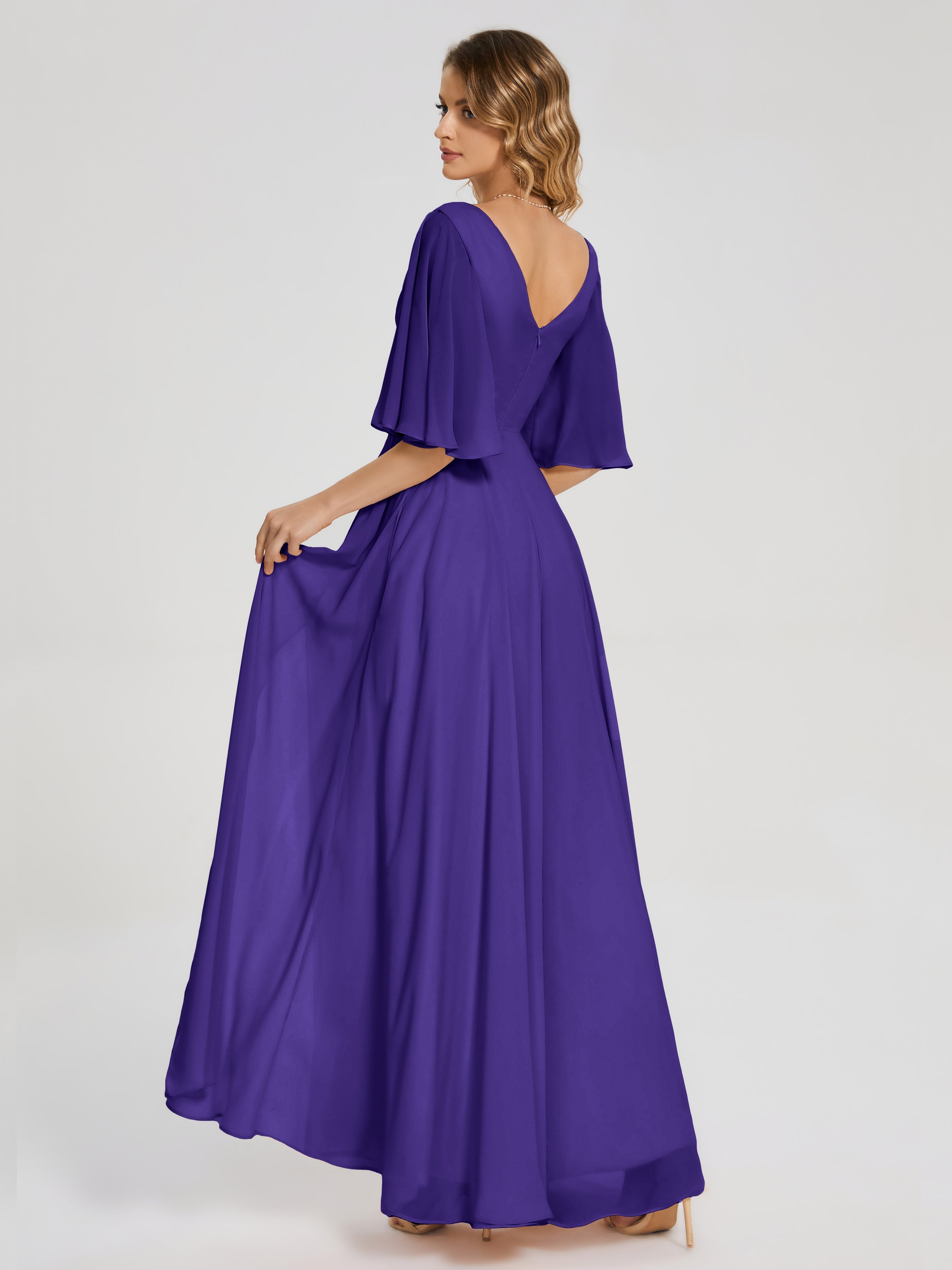 Robes De Demoiselle D'Honneur En Régence Demi Manches Fendue Mousseline Robes Demoiselle D'Honneur