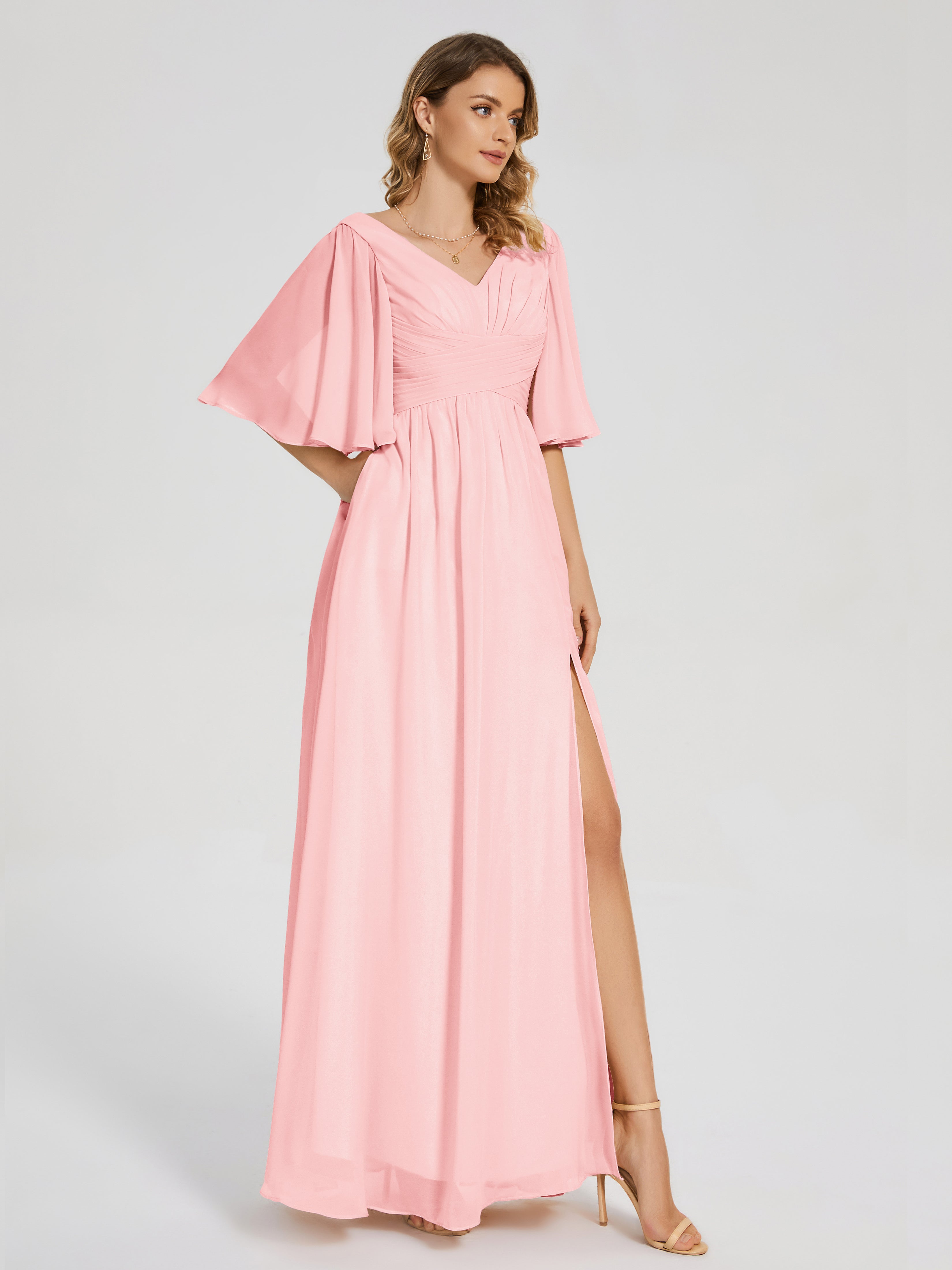 Robes De Demoiselle D'Honneur Rose Rose Demi Manches Fendue Mousseline Robes Demoiselle D'Honneur