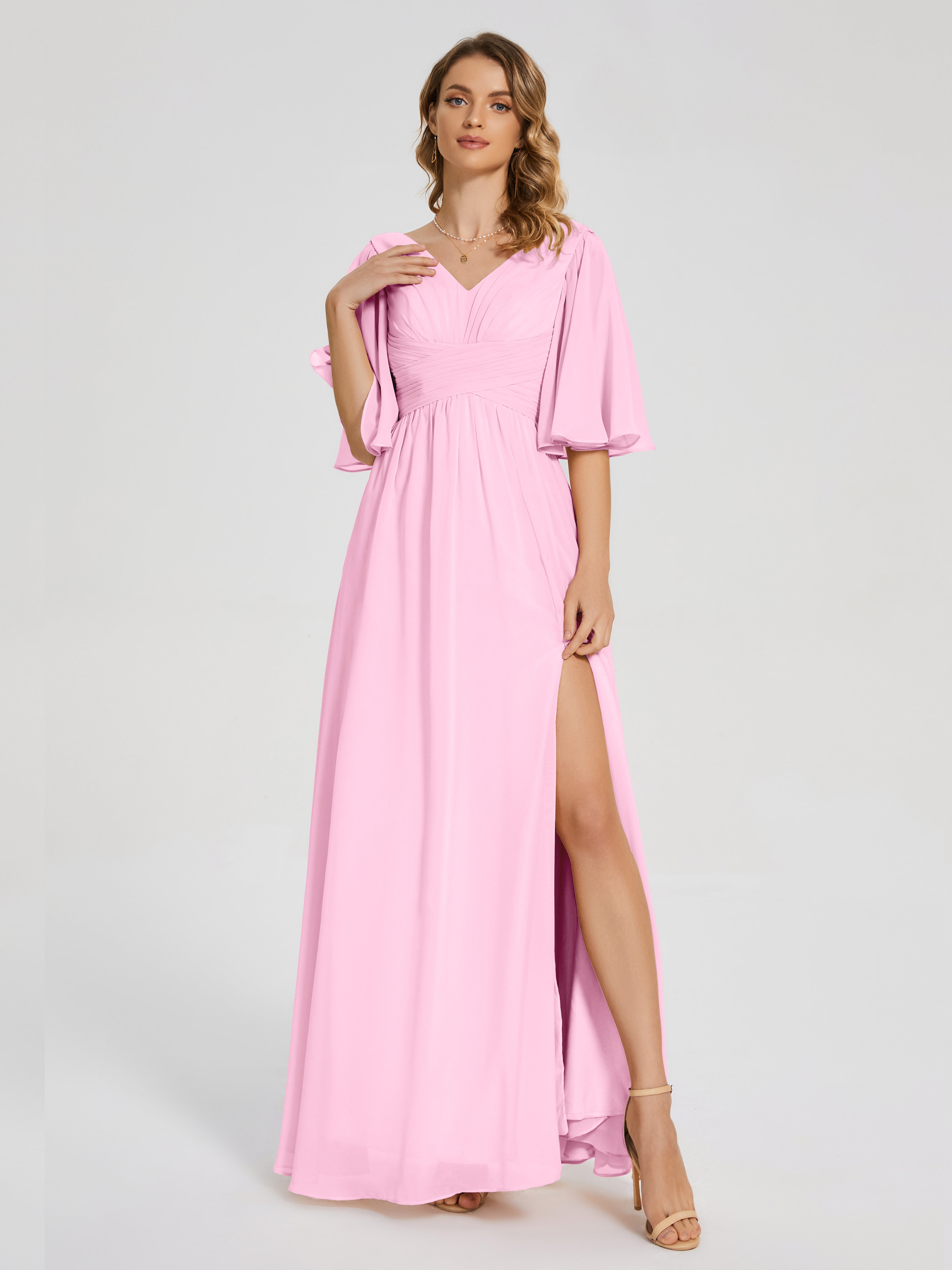 Robe Demoiselle D Honneur Rose Bonbon Demi Manches Fendue Mousseline Robes Demoiselle D'Honneur