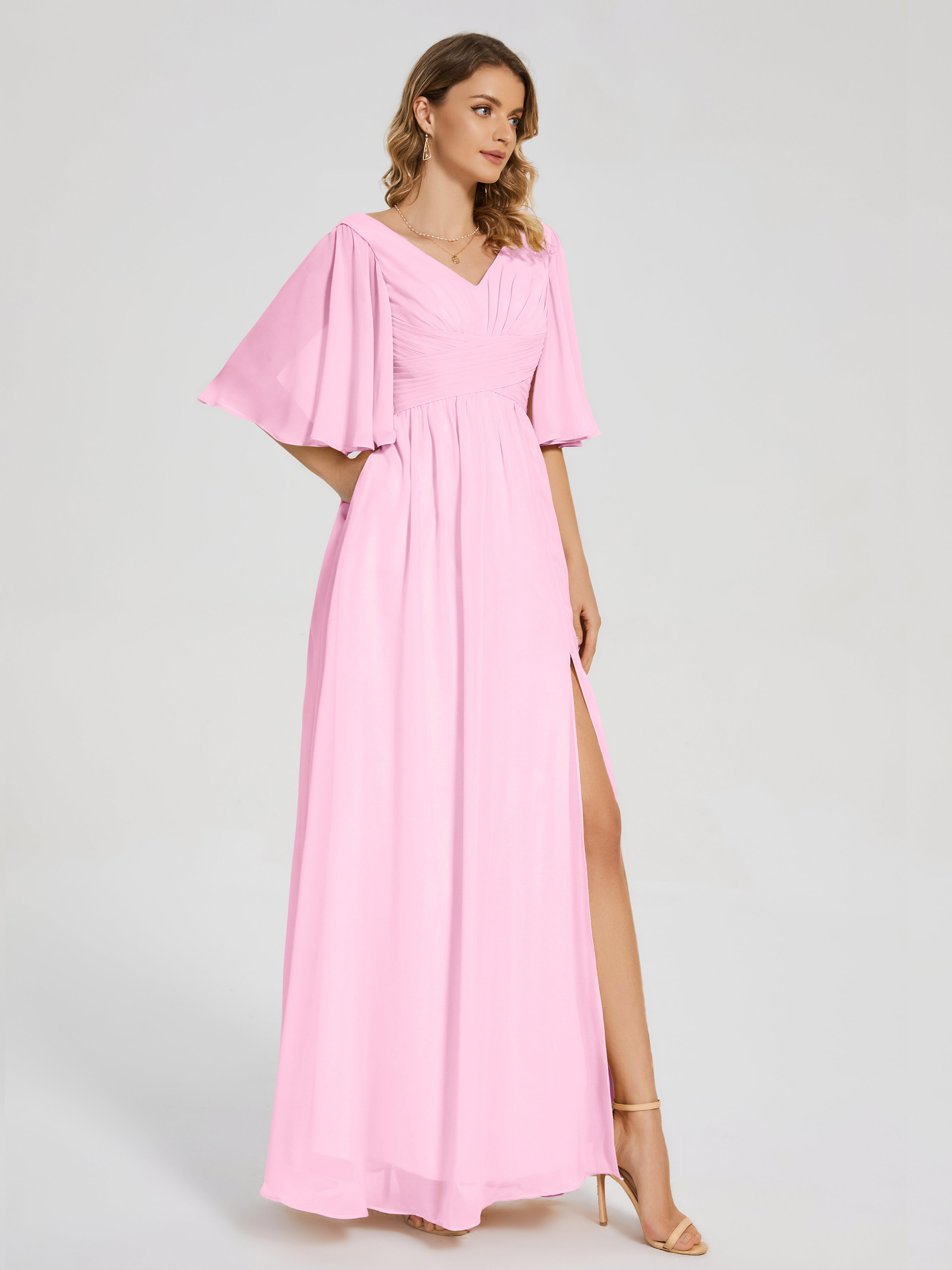Robe Demoiselle D Honneur Rose Bonbon Demi Manches Fendue Mousseline Robes Demoiselle D'Honneur