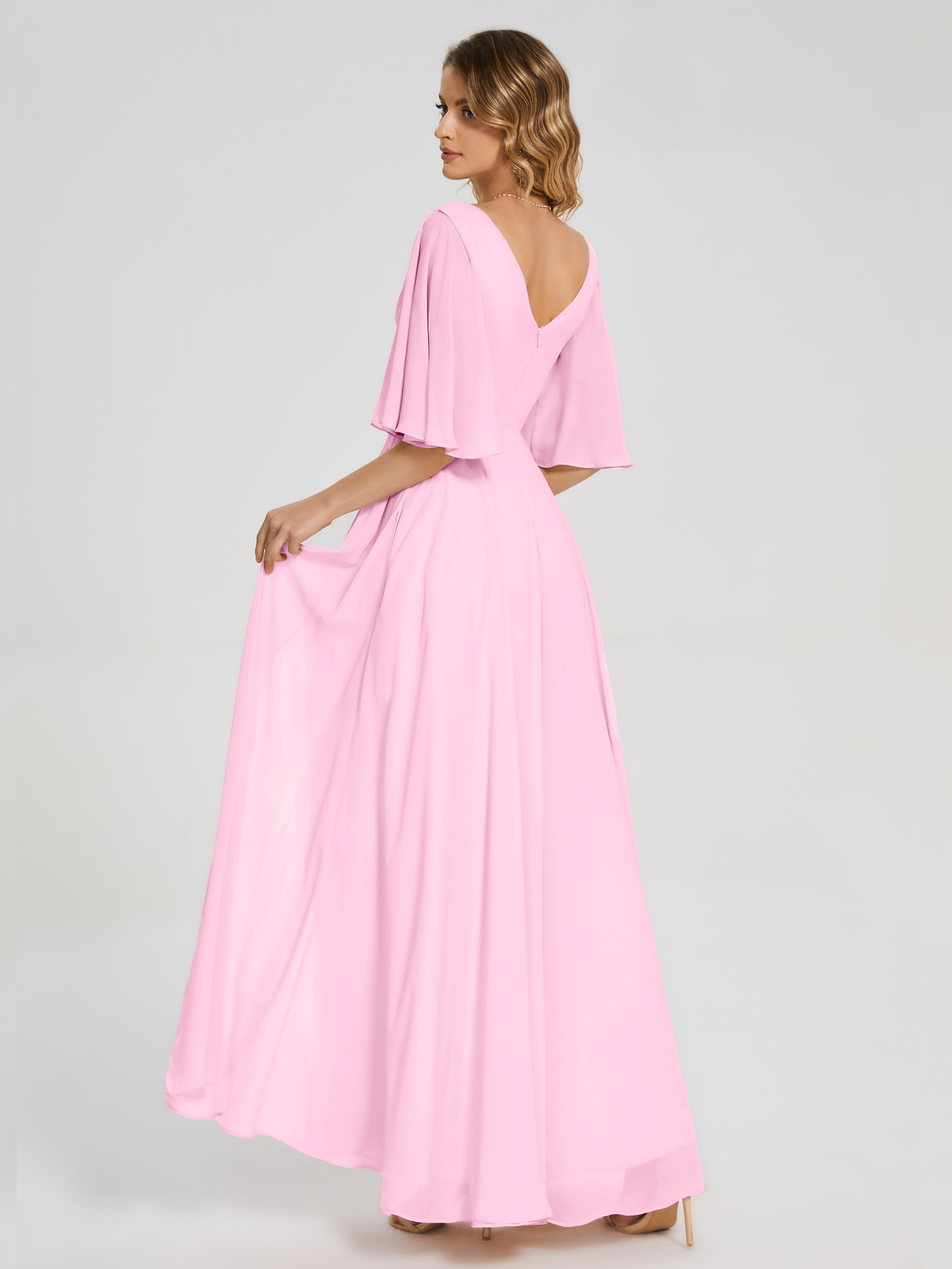 Robe Demoiselle D Honneur Rose Bonbon Demi Manches Fendue Mousseline Robes Demoiselle D'Honneur