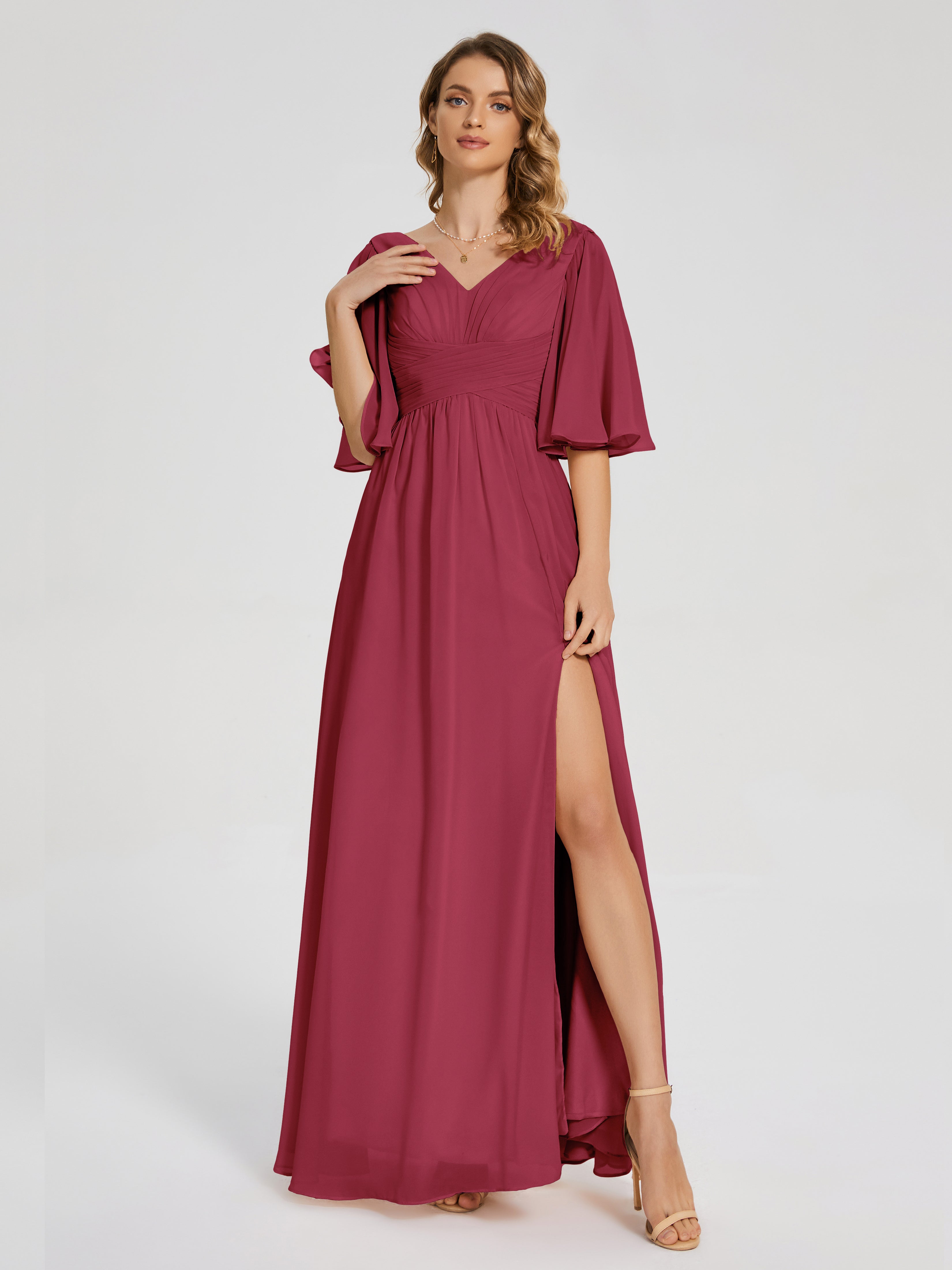 Robe Demoiselle D Honneur Rose Cannelle Demi Manches Fendue Mousseline Robes Demoiselle D'Honneur