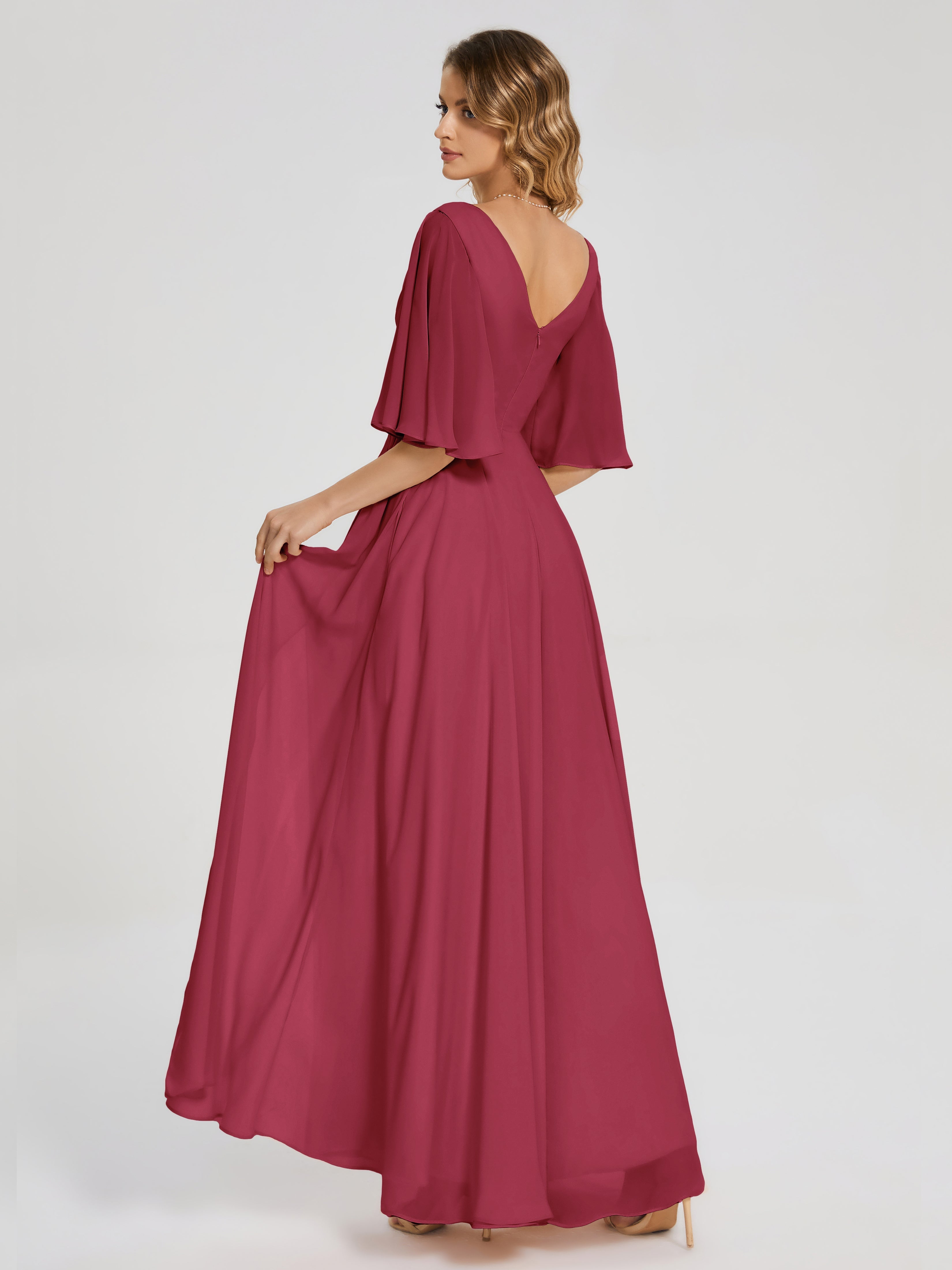 Robe Demoiselle D Honneur Rose Cannelle Demi Manches Fendue Mousseline Robes Demoiselle D'Honneur
