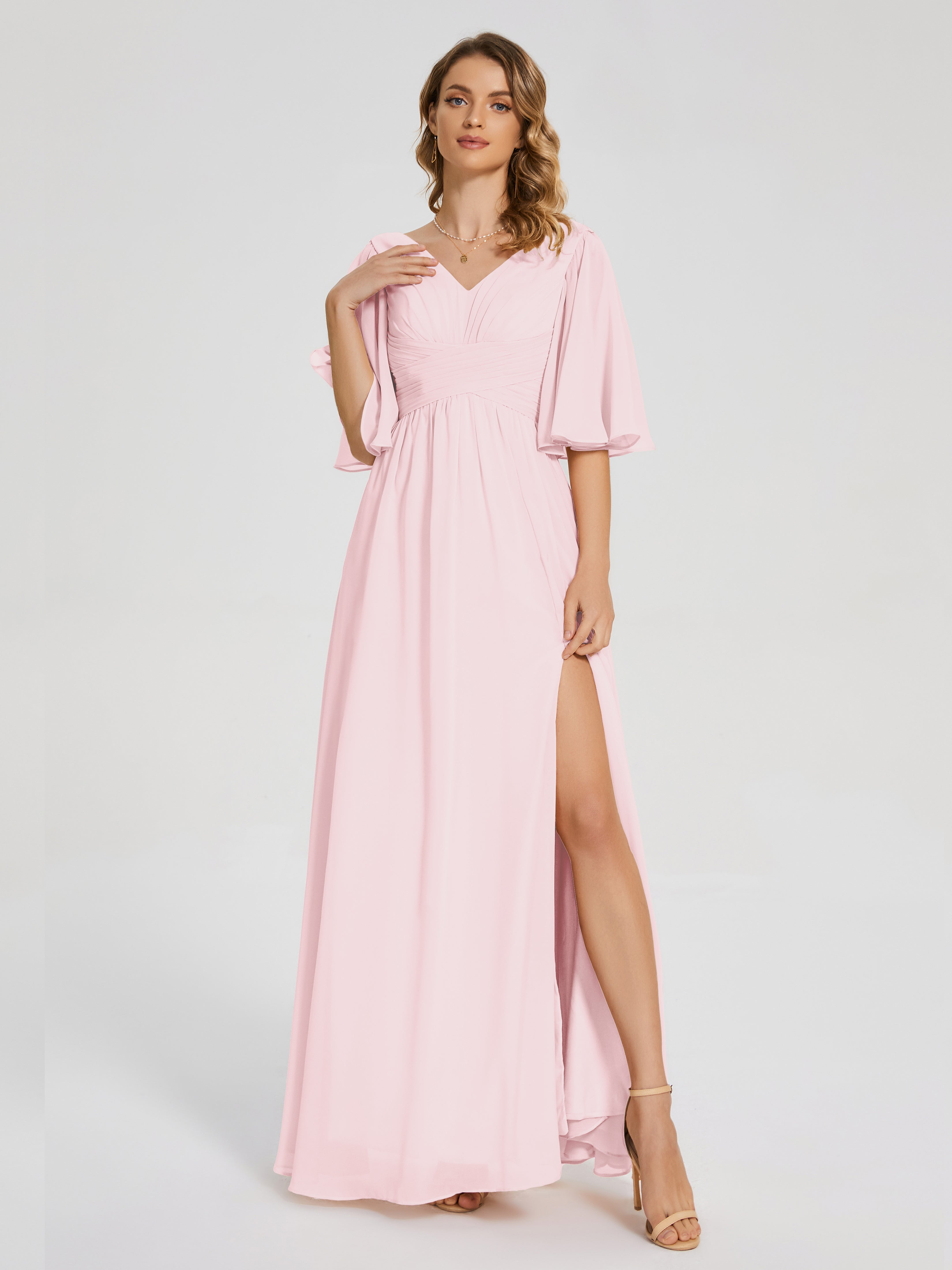 Robes Demoiselles D Honneur Rose Pale Demi Manches Fendue Mousseline Robes Demoiselle D'Honneur