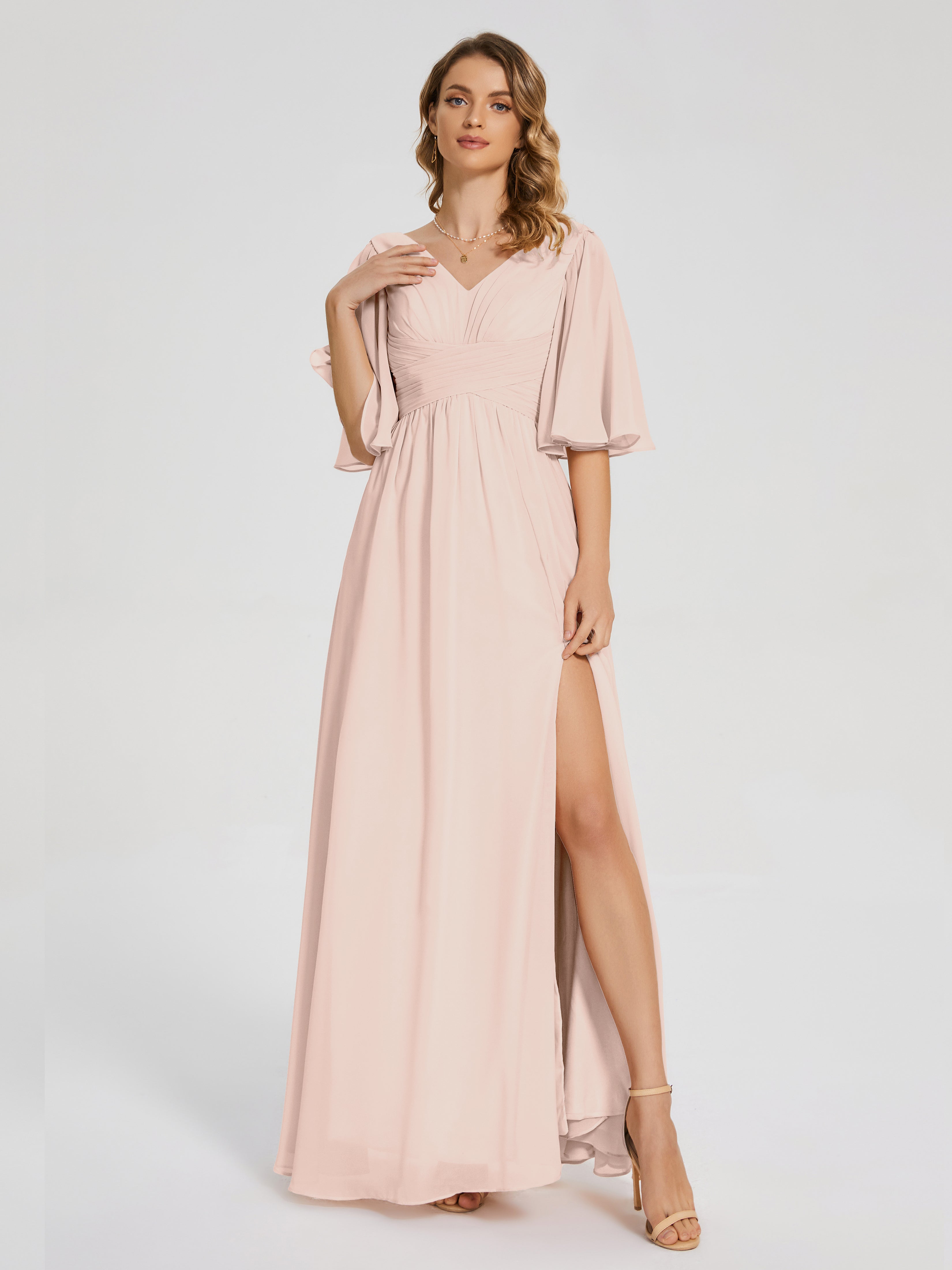 Robe Demoiselle D Honneur Rose Perle Demi Manches Fendue Mousseline Robes Demoiselle D'Honneur