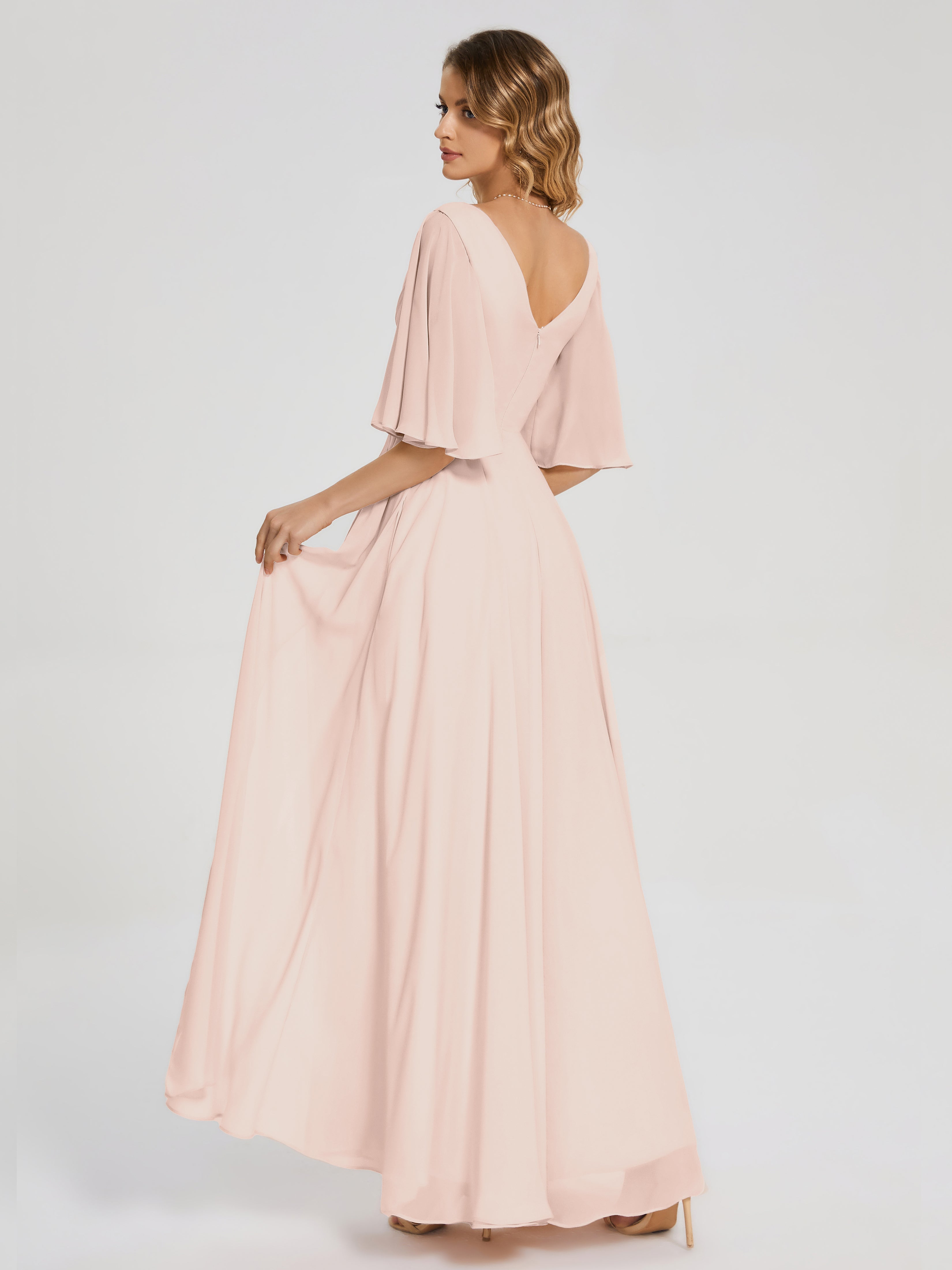 Robe Demoiselle D Honneur Rose Perle Demi Manches Fendue Mousseline Robes Demoiselle D'Honneur