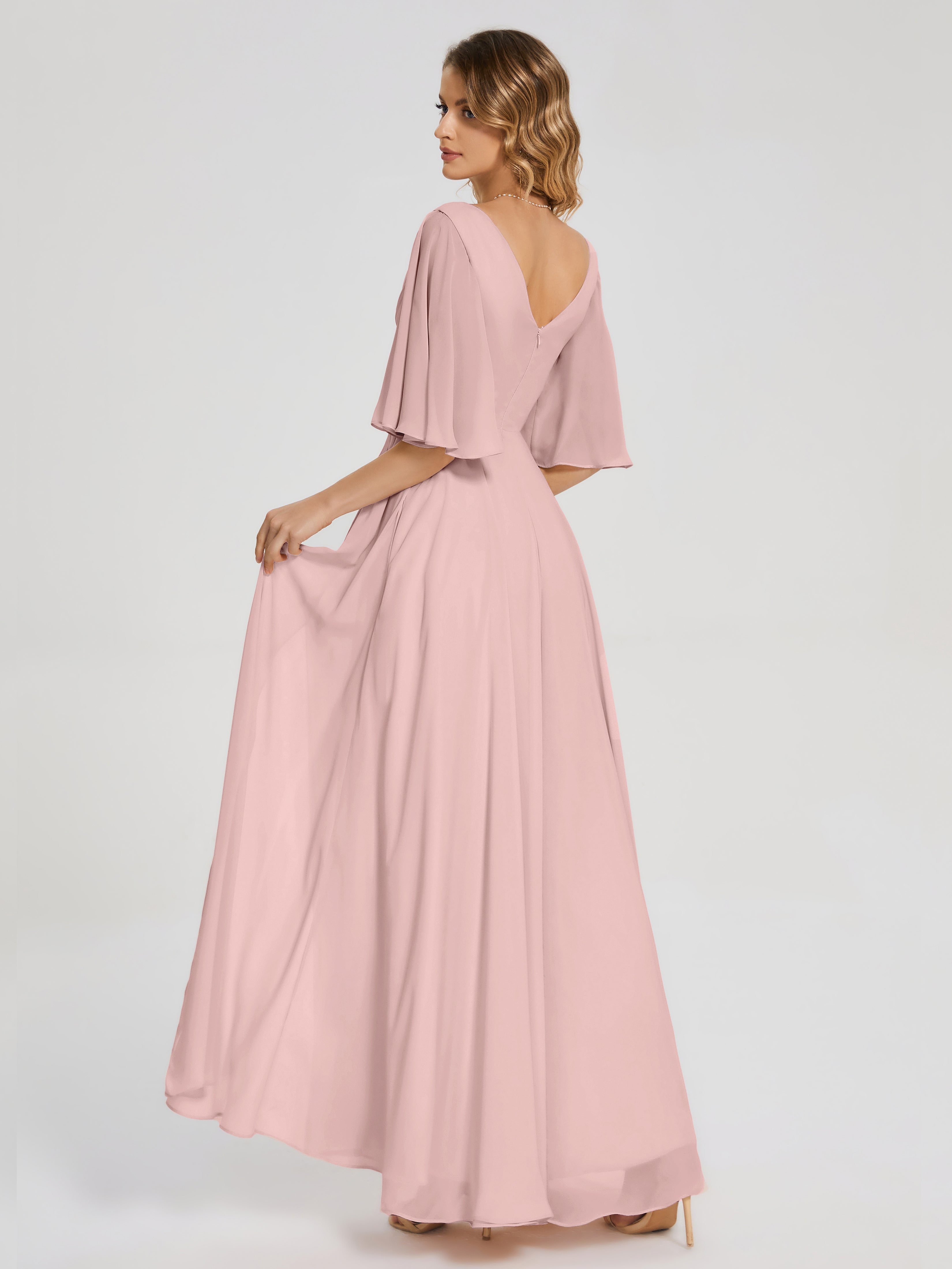Robes De Demoiselle D'Honneur Rose Rose Demi Manches Fendue Mousseline Robes Demoiselle D'Honneur
